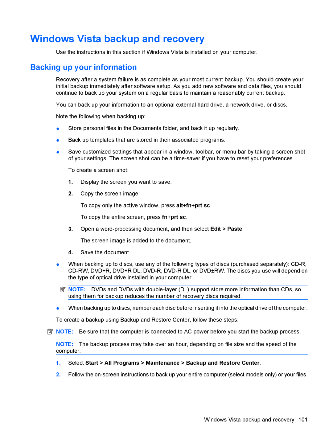HP 110c-1040DX, 110c-1048NR, 110c-1001NR manual Windows Vista backup and recovery, Backing up your information 