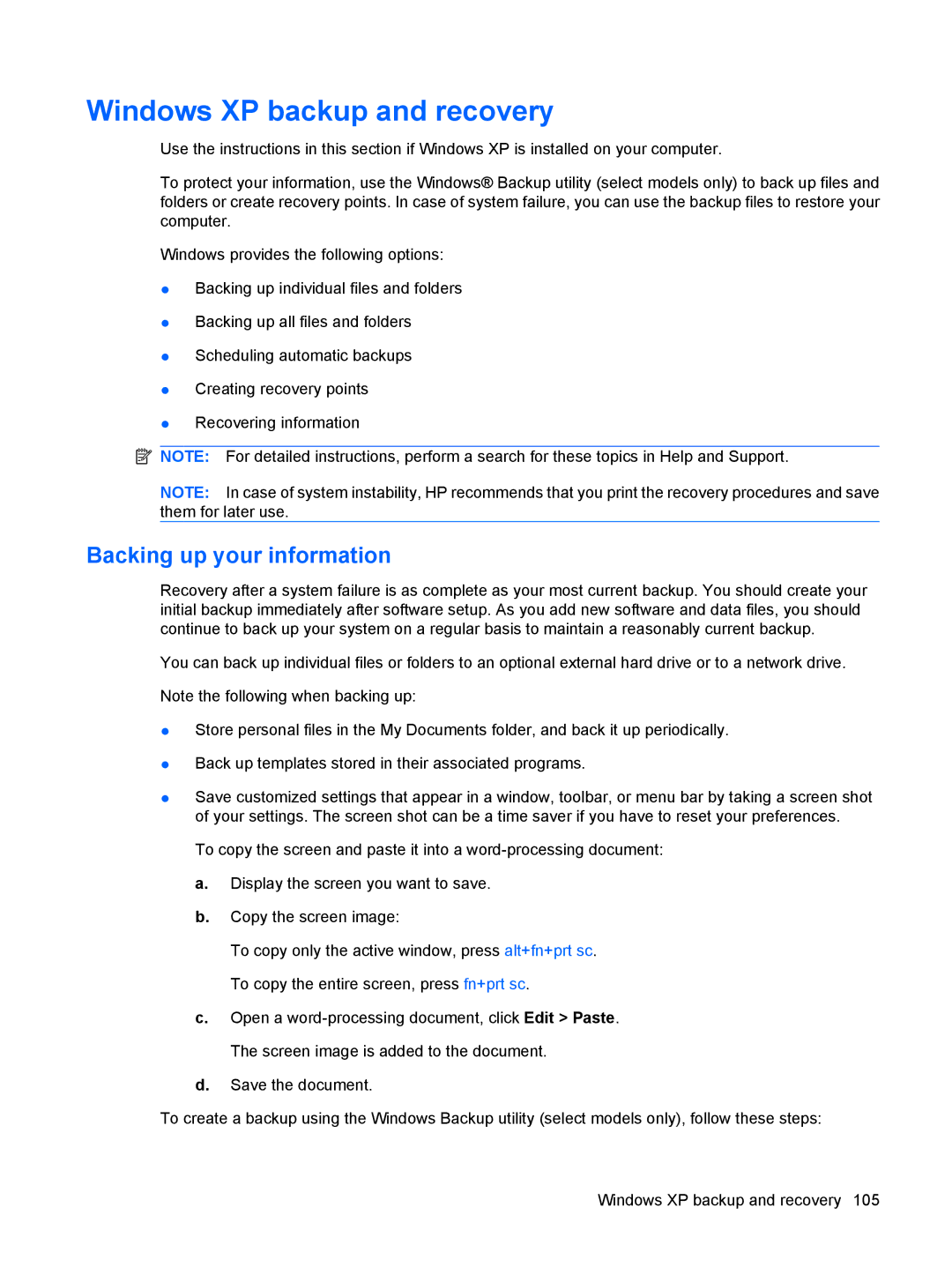 HP 110c-1001NR, 110c-1048NR, 110c-1040DX manual Windows XP backup and recovery, Backing up your information 