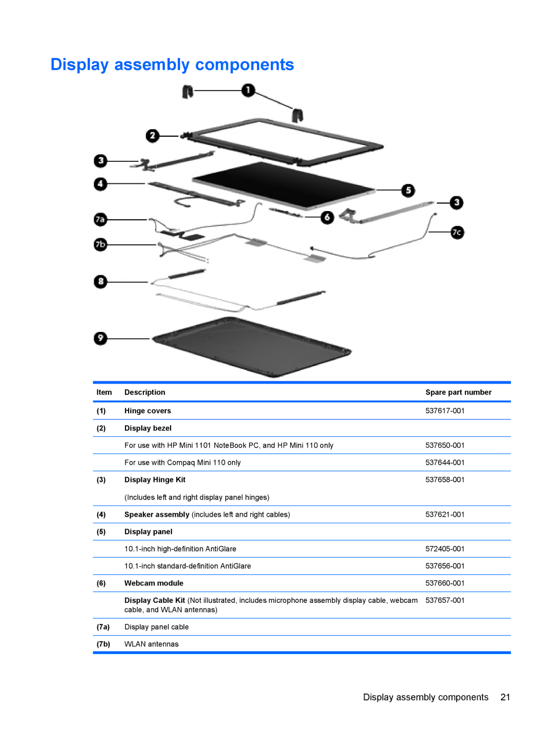 HP 110c-1001NR, 110c-1048NR, 110c-1040DX manual Display assembly components 