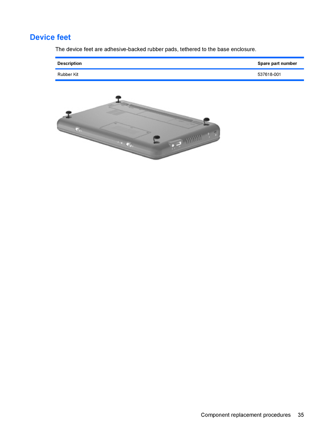 HP 110c-1040DX, 110c-1048NR, 110c-1001NR manual Device feet, Description Spare part number Rubber Kit 537618-001 