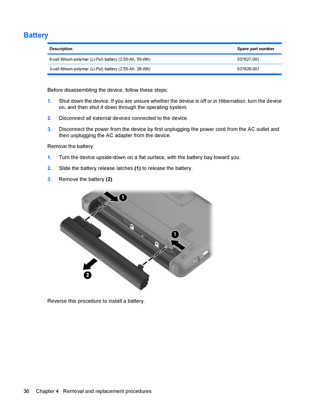 HP 110c-1001NR, 110c-1048NR, 110c-1040DX manual Battery, Description Spare part number 