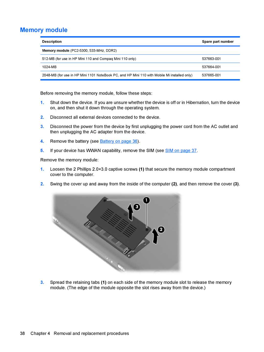 HP 110c-1040DX, 110c-1048NR, 110c-1001NR manual Memory module 