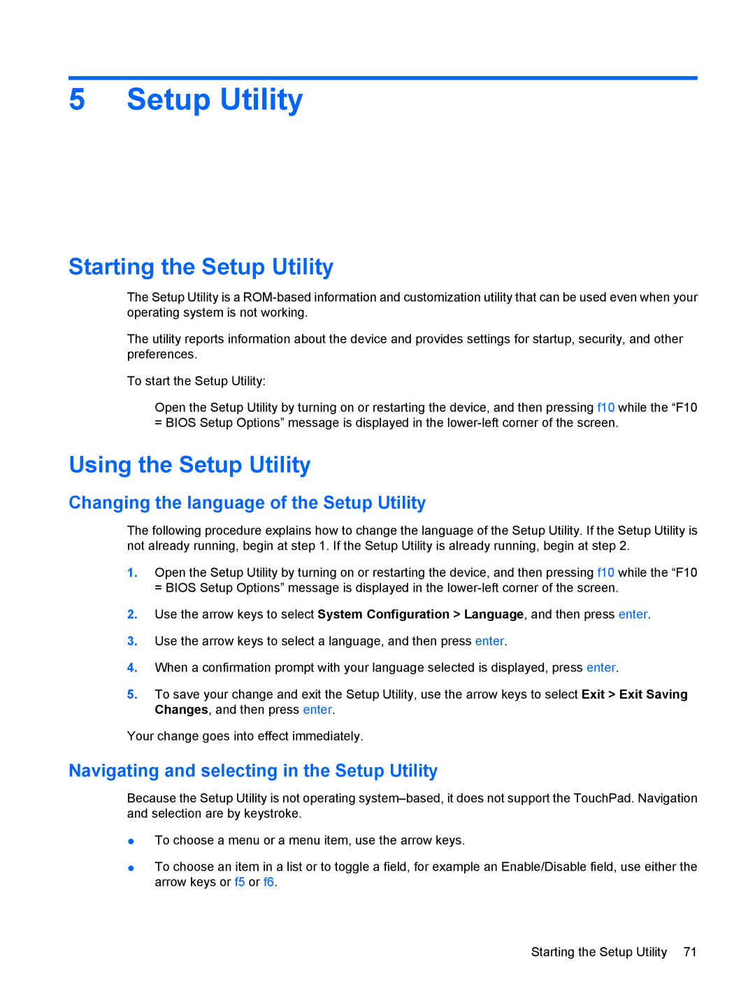 HP 110c-1040DX manual Starting the Setup Utility, Using the Setup Utility, Changing the language of the Setup Utility 