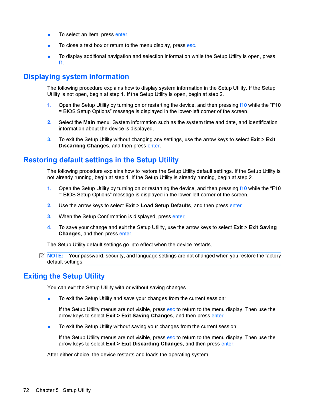 HP 110c-1001NR Displaying system information, Restoring default settings in the Setup Utility, Exiting the Setup Utility 