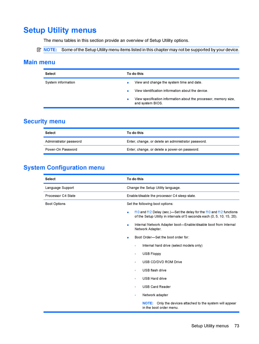 HP 110c-1048NR, 110c-1040DX Setup Utility menus, Main menu, Security menu, System Configuration menu, Select To do this 