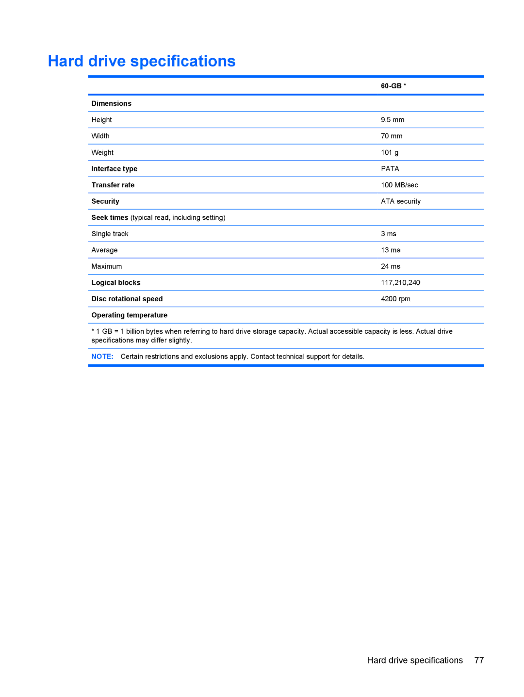 HP 110c-1040DX, 110c-1048NR, 110c-1001NR manual Hard drive specifications 