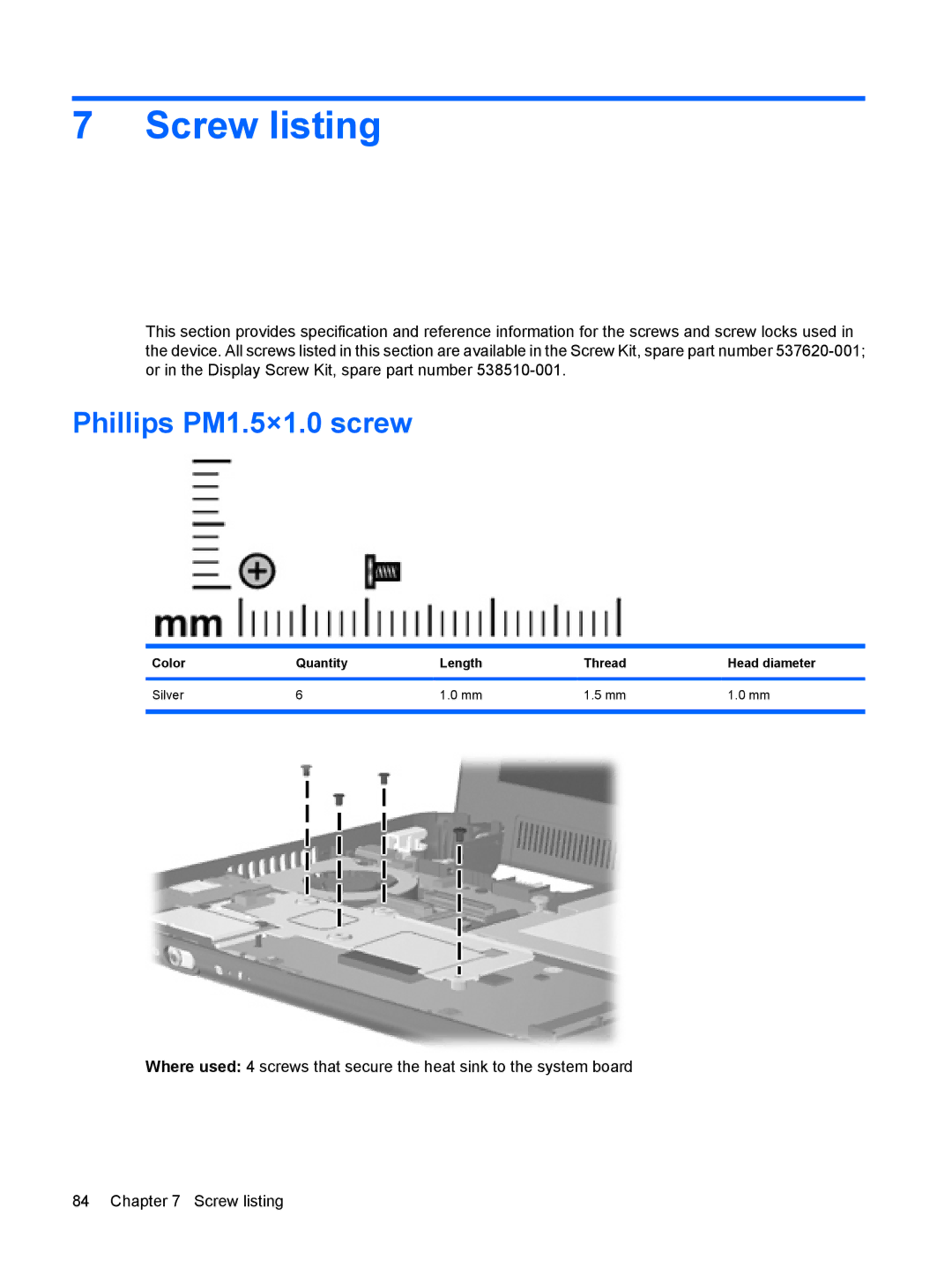 HP 110c-1001NR, 110c-1048NR Screw listing, Phillips PM1.5×1.0 screw, Color Quantity Length Thread Head diameter Silver 