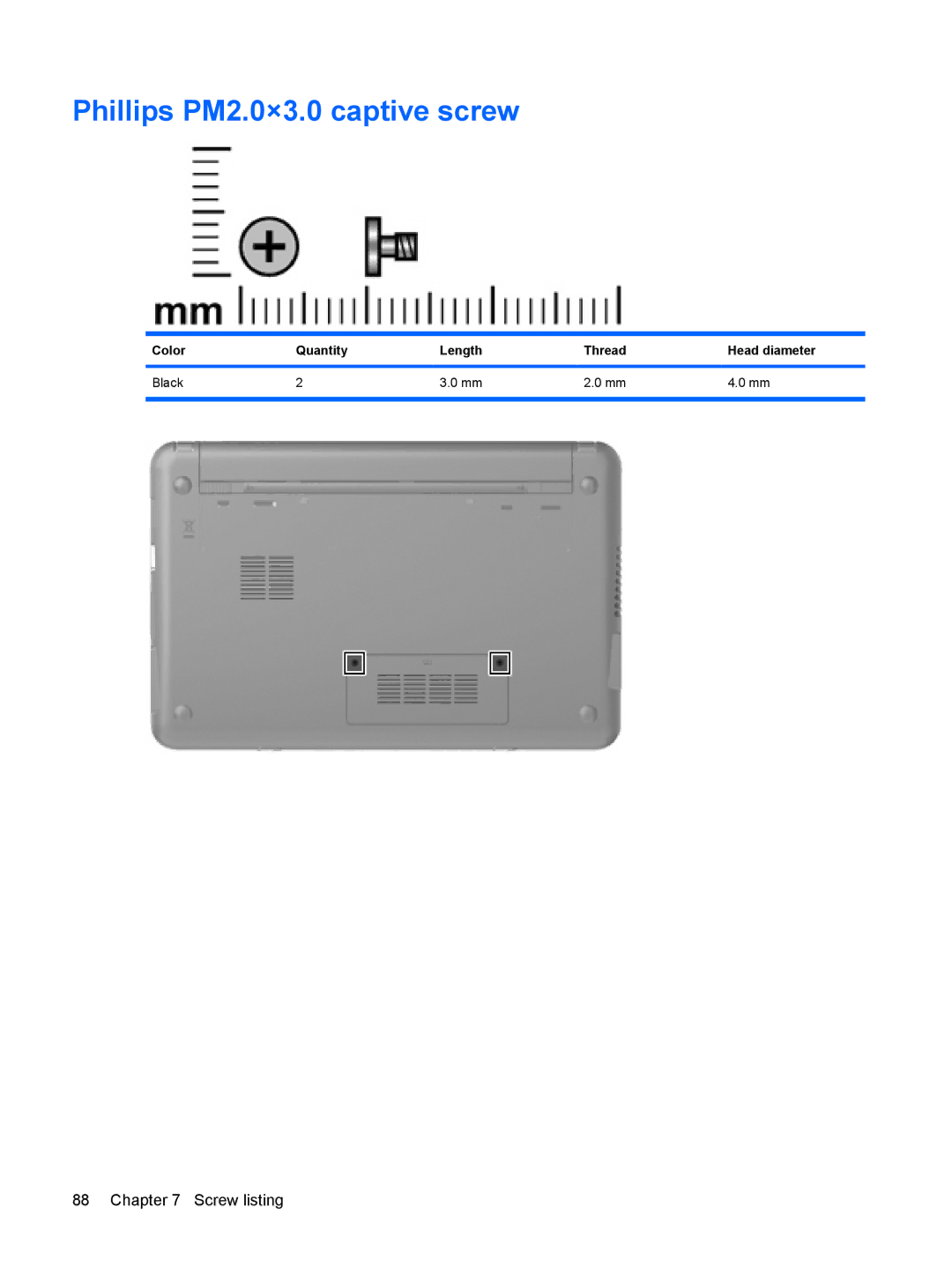 HP 110c-1048NR, 110c-1040DX, 110c-1001NR manual Phillips PM2.0×3.0 captive screw 