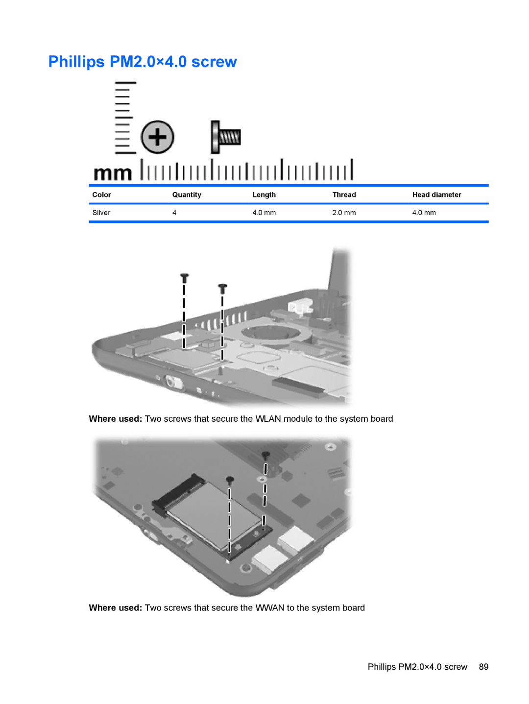 HP 110c-1040DX, 110c-1048NR, 110c-1001NR manual Phillips PM2.0×4.0 screw, Color Quantity Length Thread Head diameter Silver 