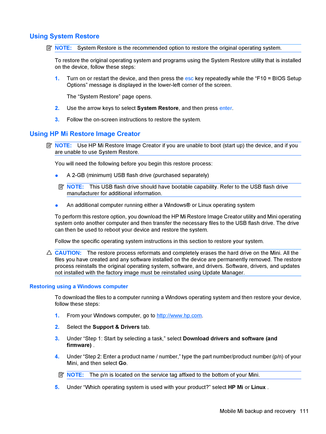HP 110c-1130EK, 110c-1150EB, 110c-1100DX, 110c-1147NR, 110c-1105DX Using System Restore, Using HP Mi Restore Image Creator 