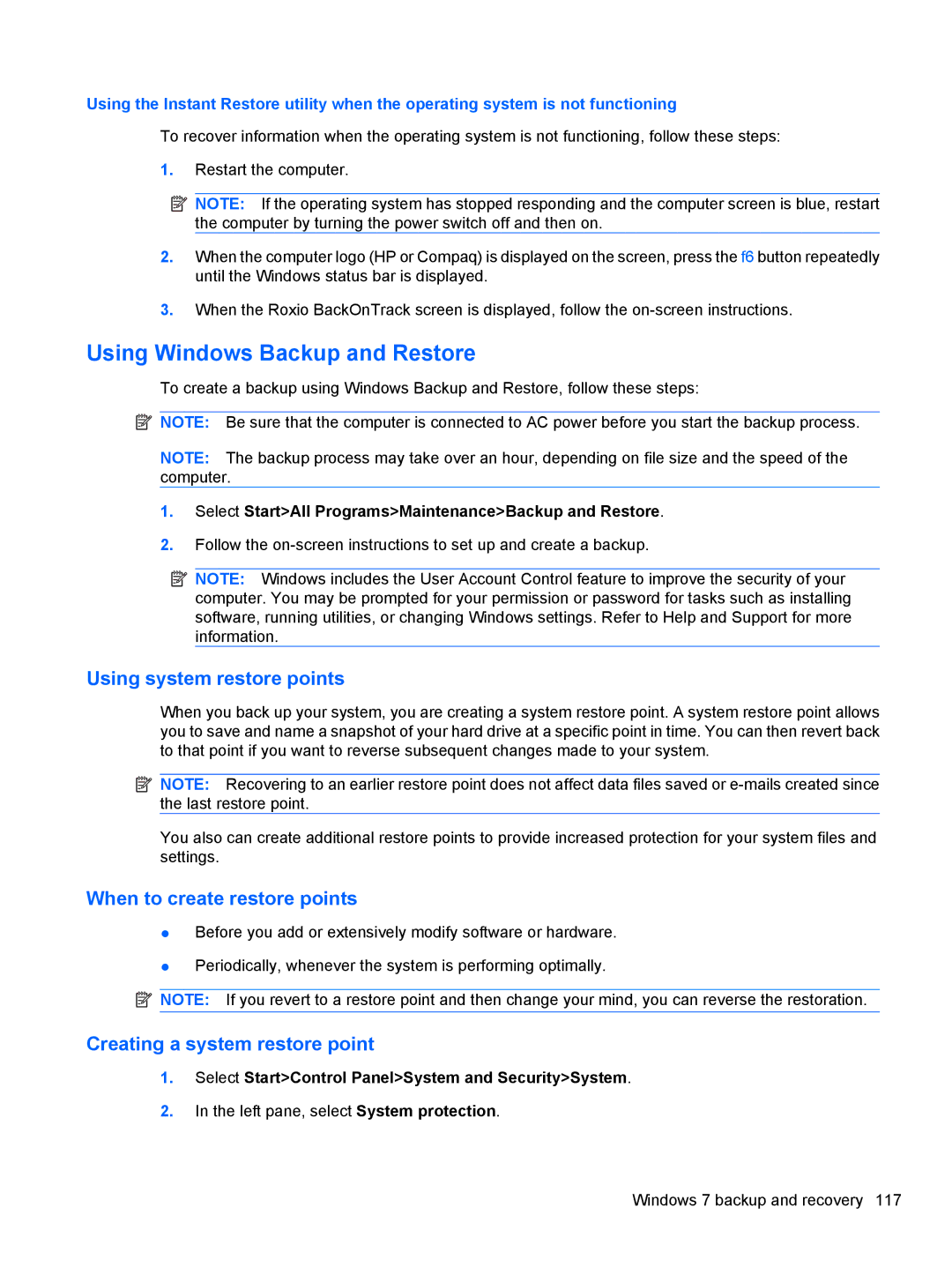 HP 110c-1100DX, 110c-1150EB Using Windows Backup and Restore, Using system restore points, When to create restore points 