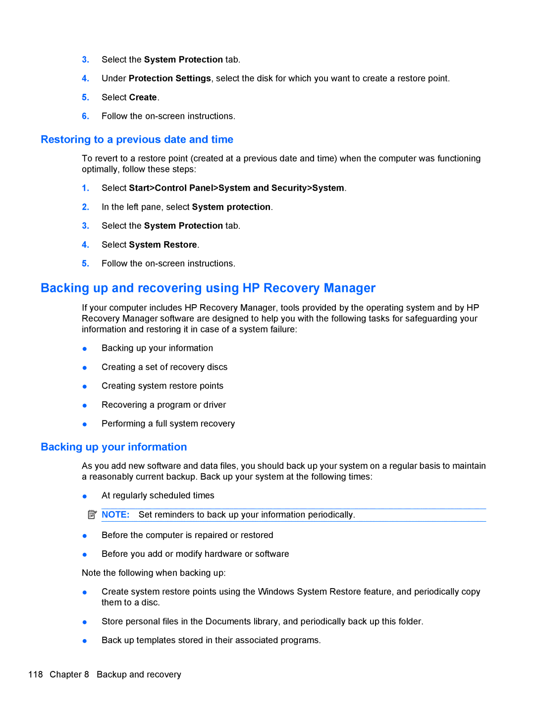HP 110c-1147NR, 110c-1150EB Backing up and recovering using HP Recovery Manager, Restoring to a previous date and time 