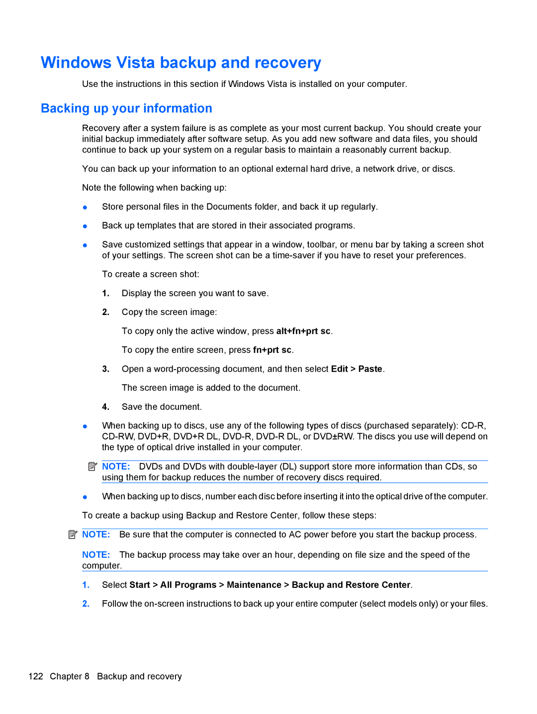 HP 110c-1100DX, 110c-1150EB, 110c-1130EK, 110c-1147NR manual Windows Vista backup and recovery, Backing up your information 
