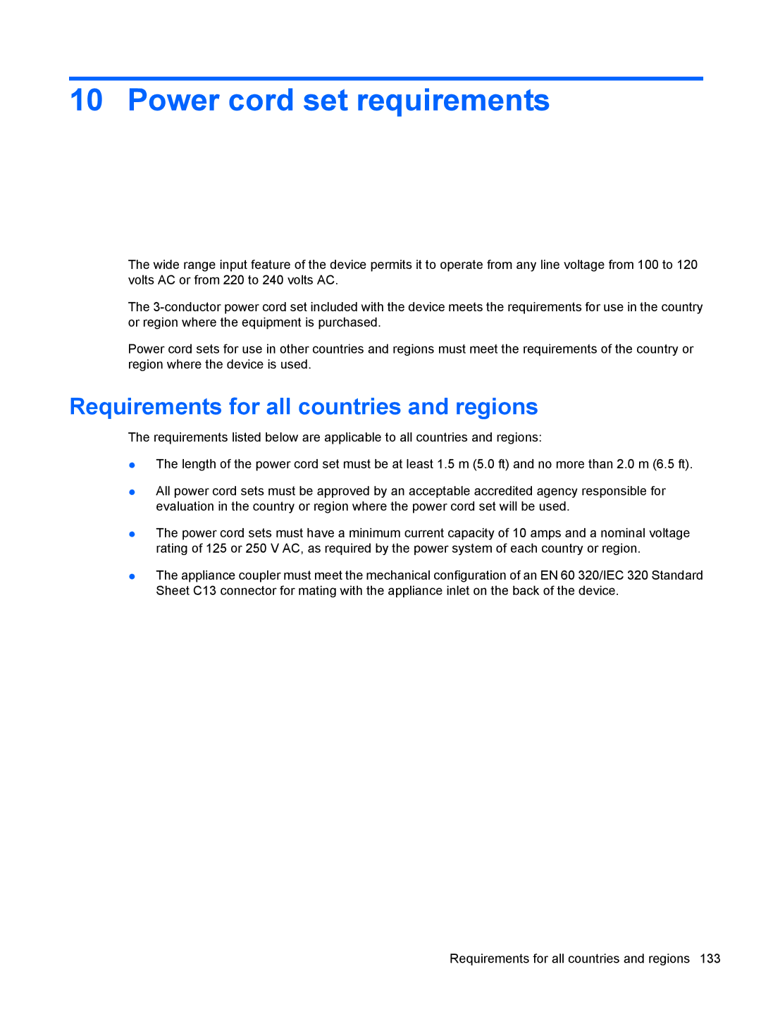 HP 110c-1147NR, 110c-1150EB, 110c-1130EK manual Power cord set requirements, Requirements for all countries and regions 