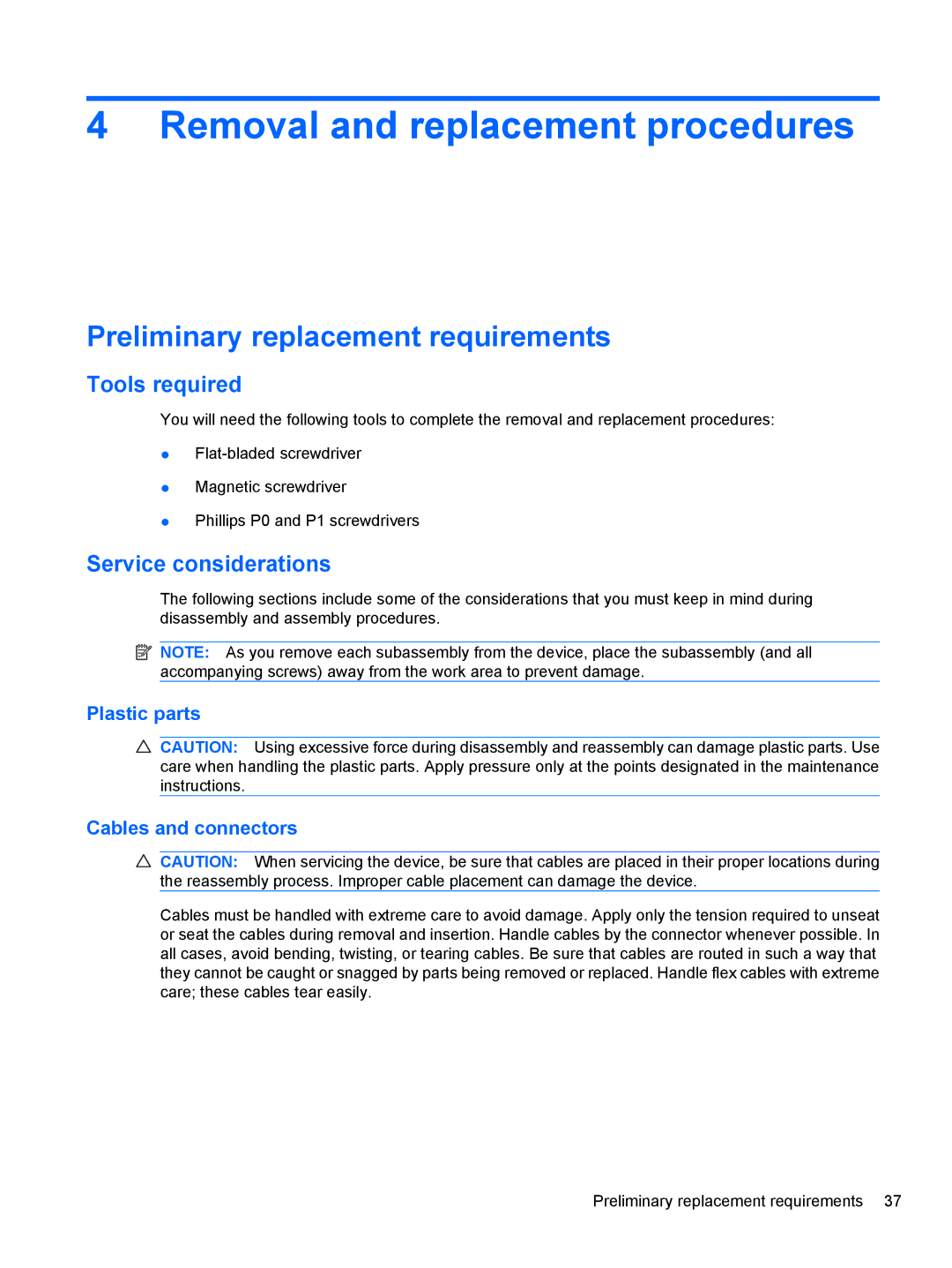 HP 110c-1100DX, 110c-1150EB manual Removal and replacement procedures, Preliminary replacement requirements, Tools required 