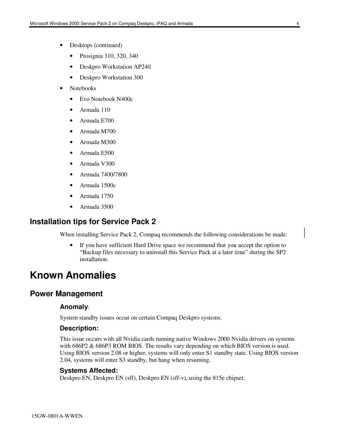 HP 110s manual Known Anomalies, Anomaly, Description, Systems Affected 