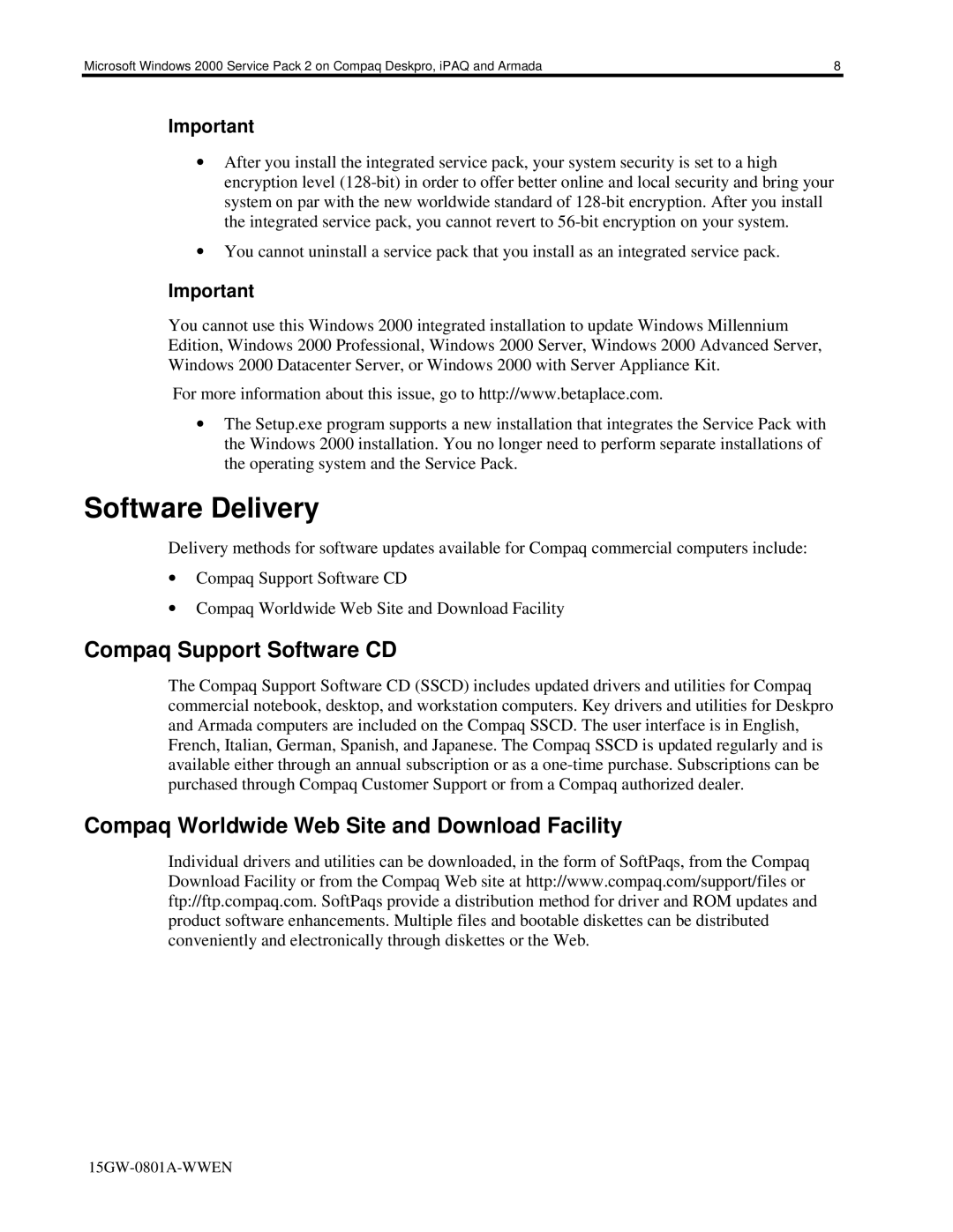 HP 110s manual Software Delivery, Compaq Support Software CD 