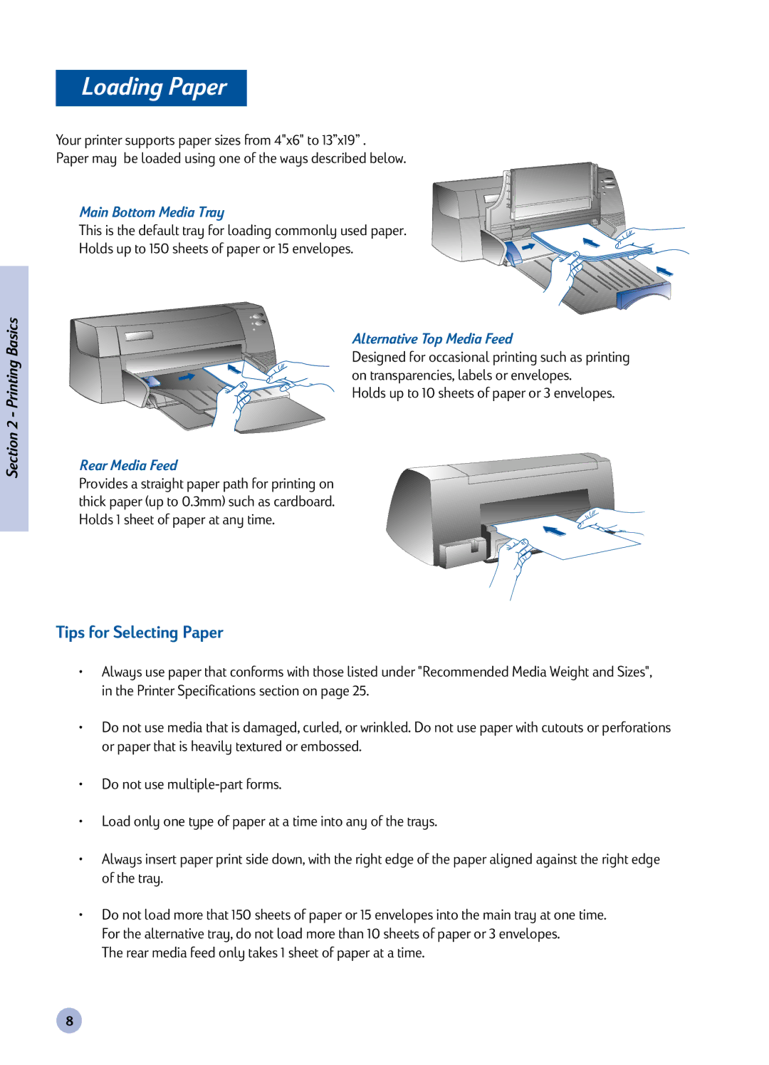 HP 1120C manual Loading Paper, Tips for Selecting Paper, Holds up to 10 sheets of paper or 3 envelopes 