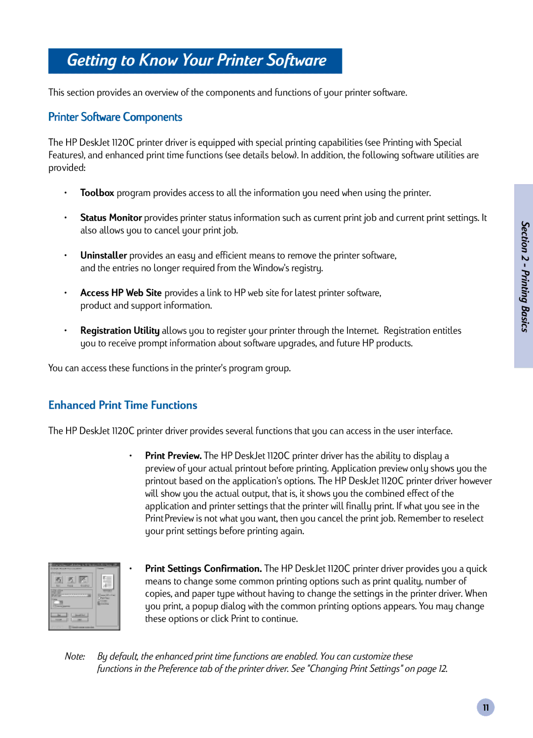 HP 1120C manual Getting to Know Your Printer Software, Printer Software Components, Enhanced Print Time Functions 