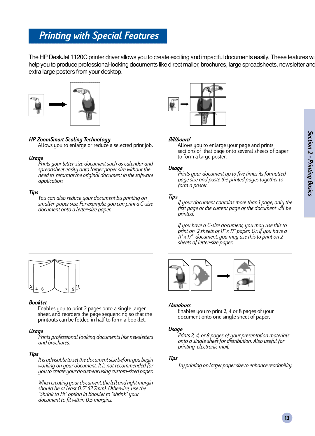 HP 1120C manual Printing with Special Features, Usage 