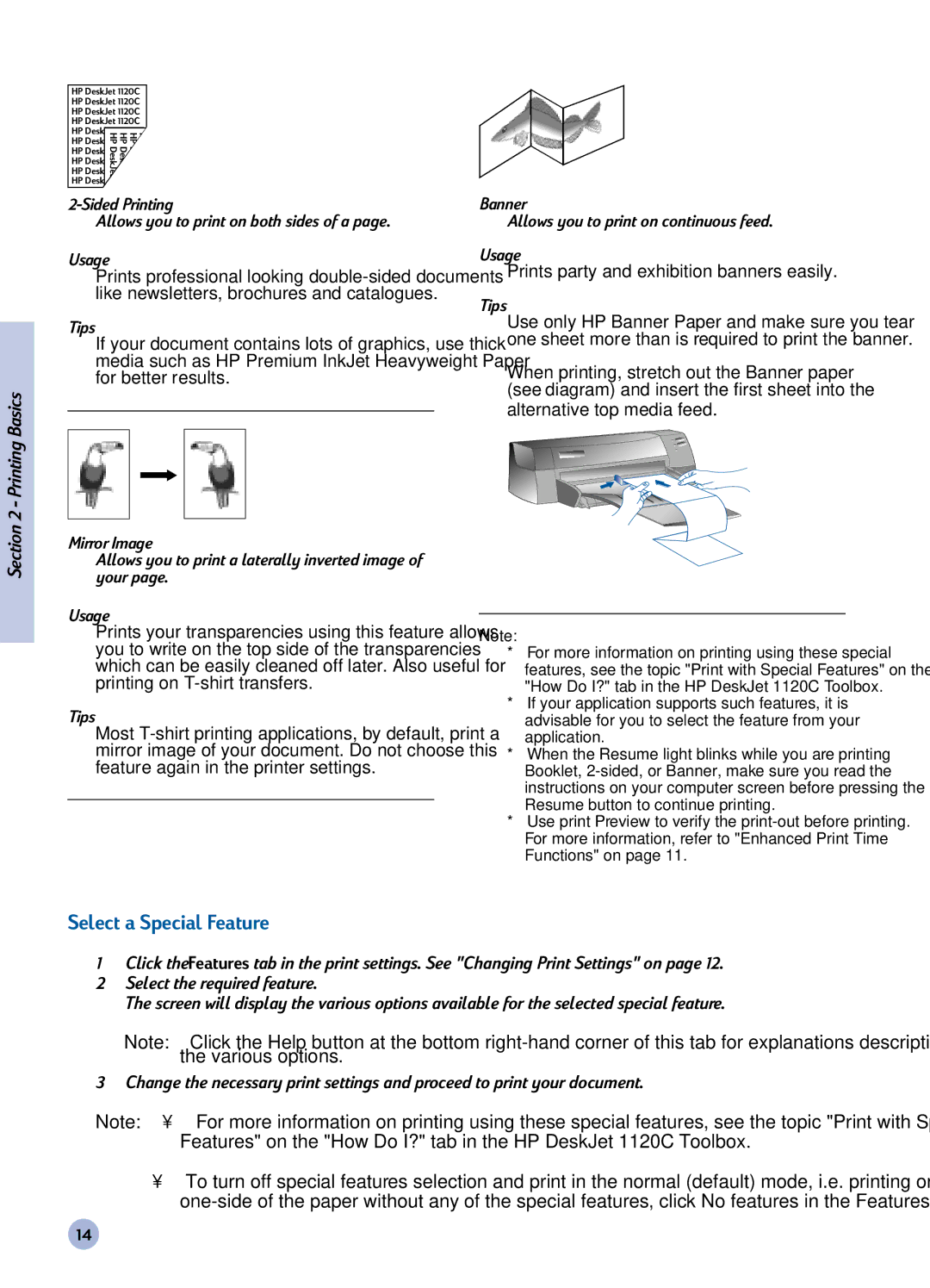 HP 1120C manual Select a Special Feature, Alternative top media feed 