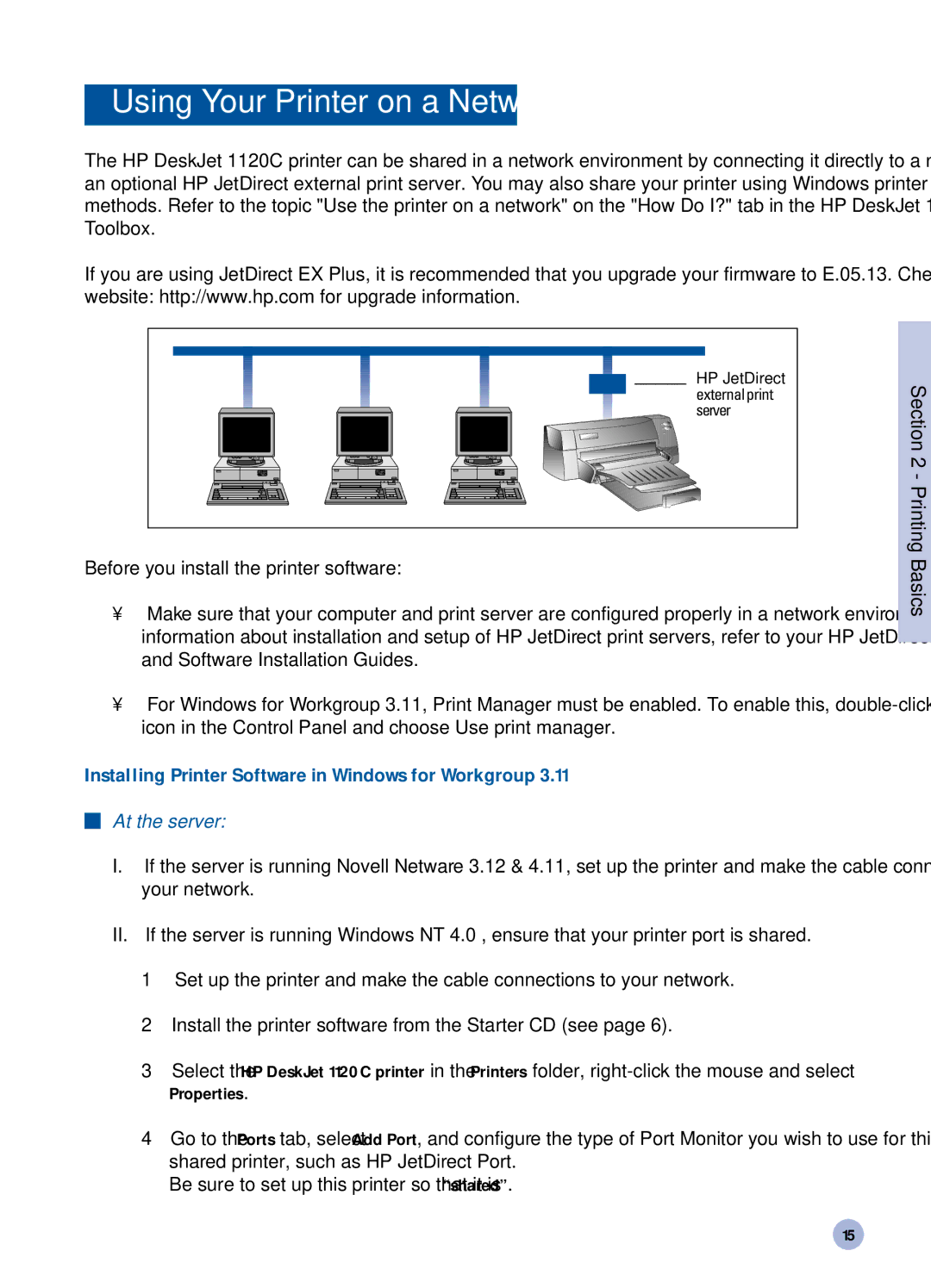 HP 1120C manual Using Your Printer on a Network, Installing Printer Software in Windows for Workgroup 