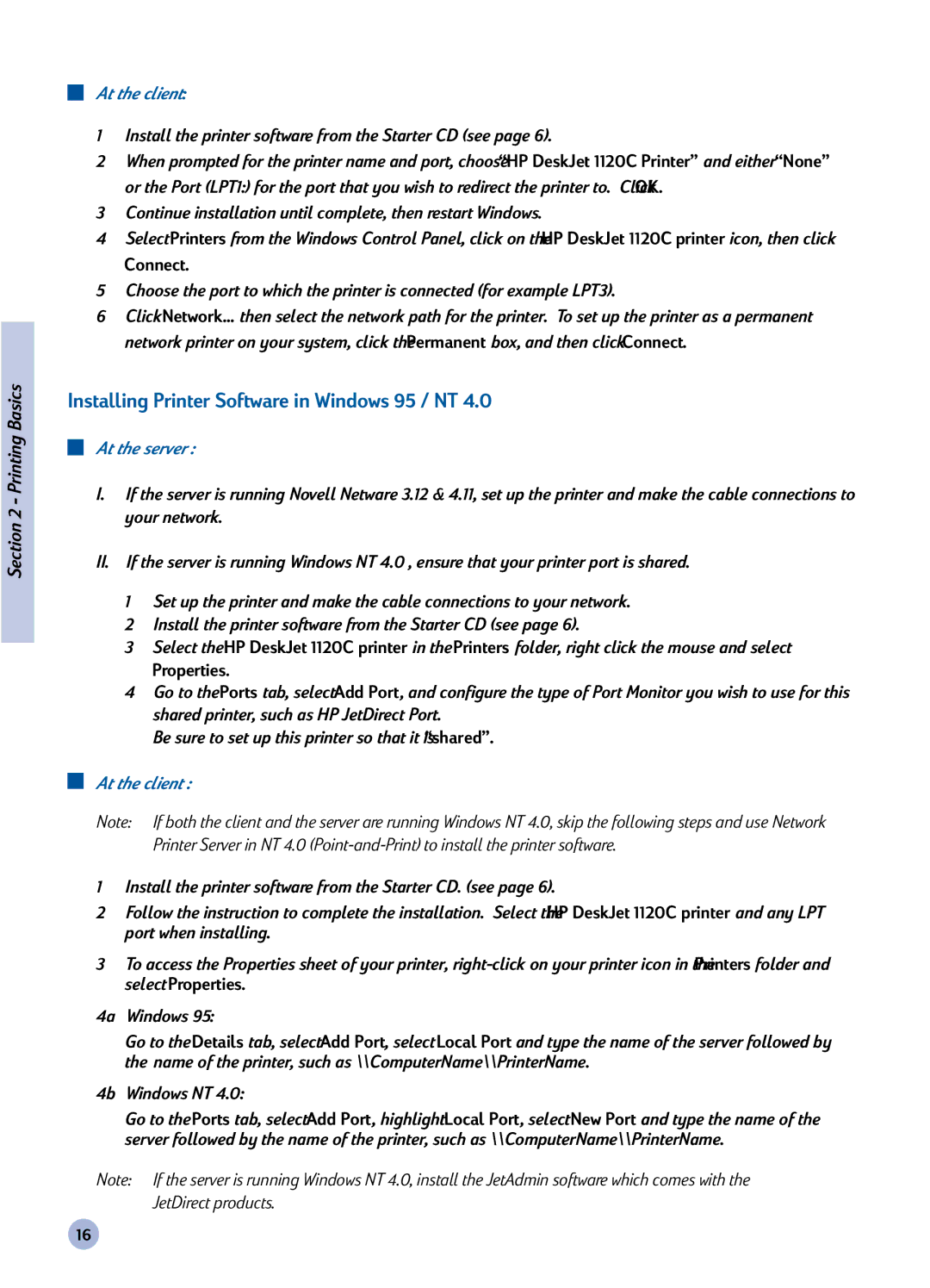 HP 1120C manual Installing Printer Software in Windows 95 / NT, 4b Windows NT 