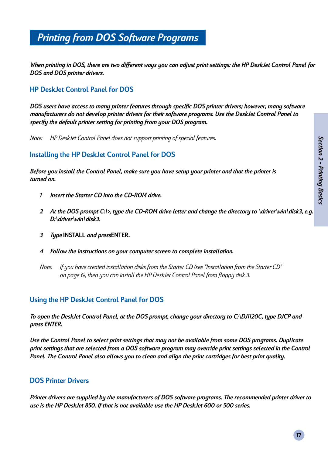 HP 1120C manual Printing from DOS Software Programs, Using the HP DeskJet Control Panel for DOS, DOS Printer Drivers 