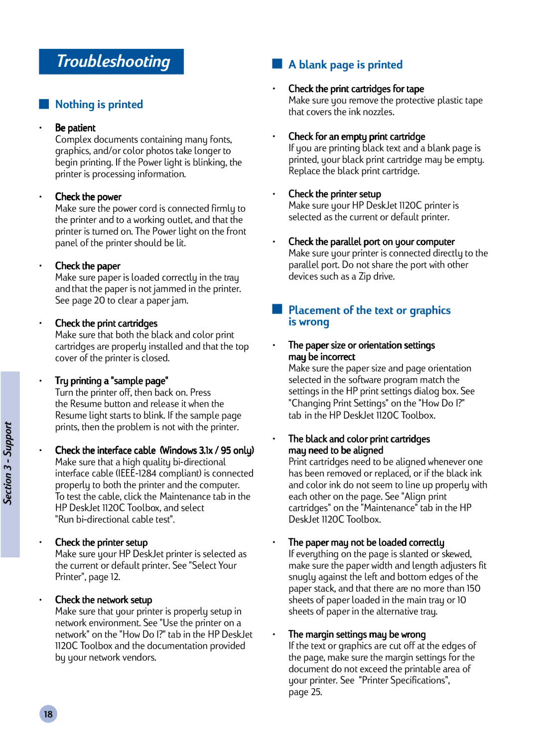 HP 1120C manual Troubleshooting, Nothing is printed, Blank page is printed, Placement of the text or graphics is wrong 