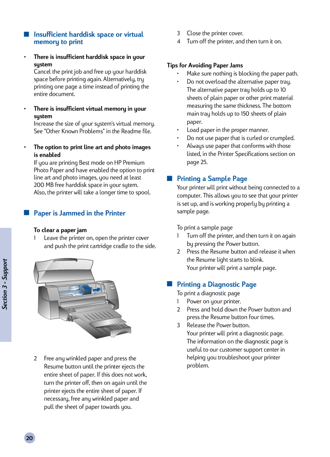 HP 1120C manual Insufficient harddisk space or virtual memory to print, Paper is Jammed in the Printer, Printing a Sample 