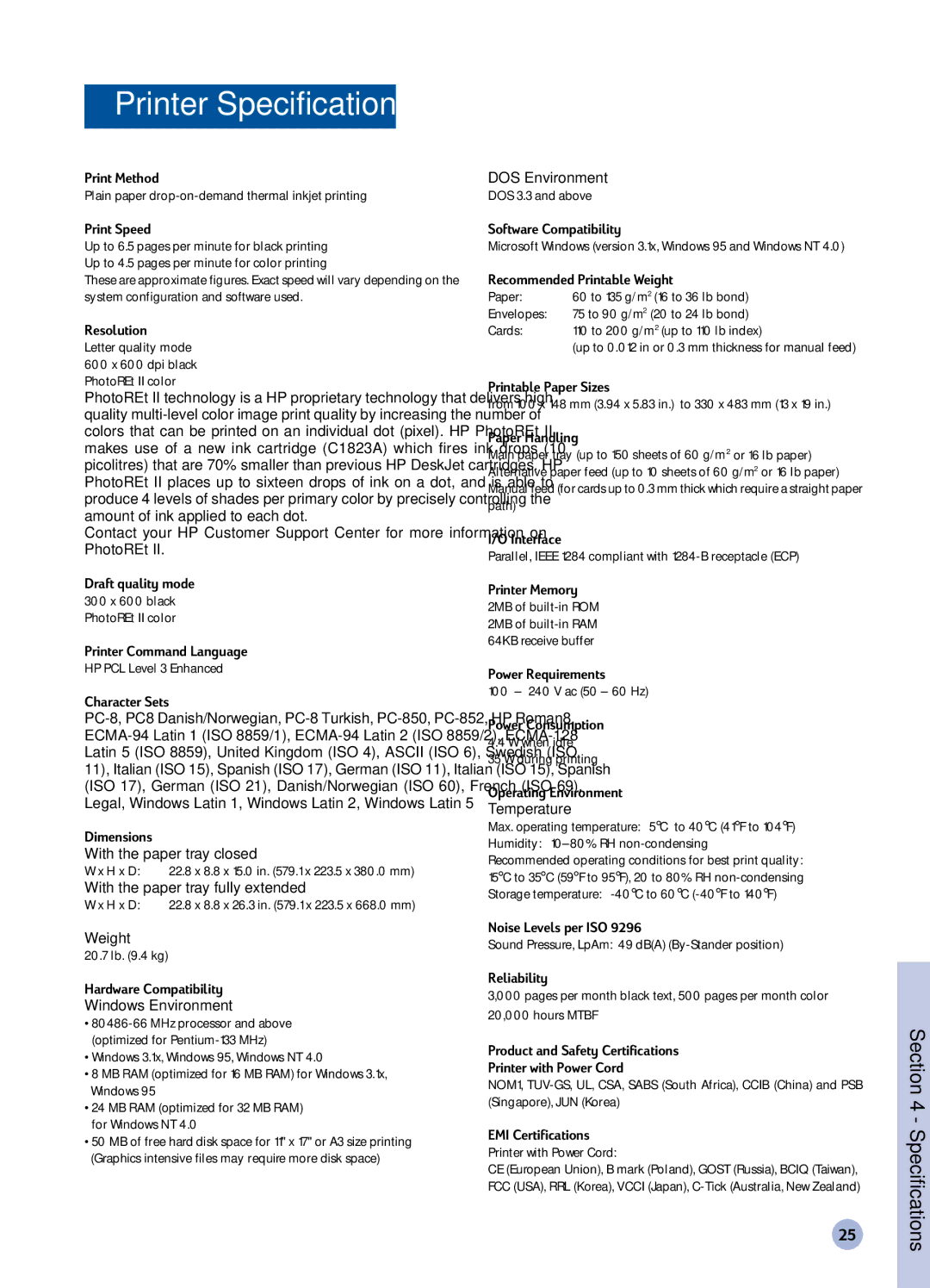 HP 1120C manual Printer Specifications, Print Speed 