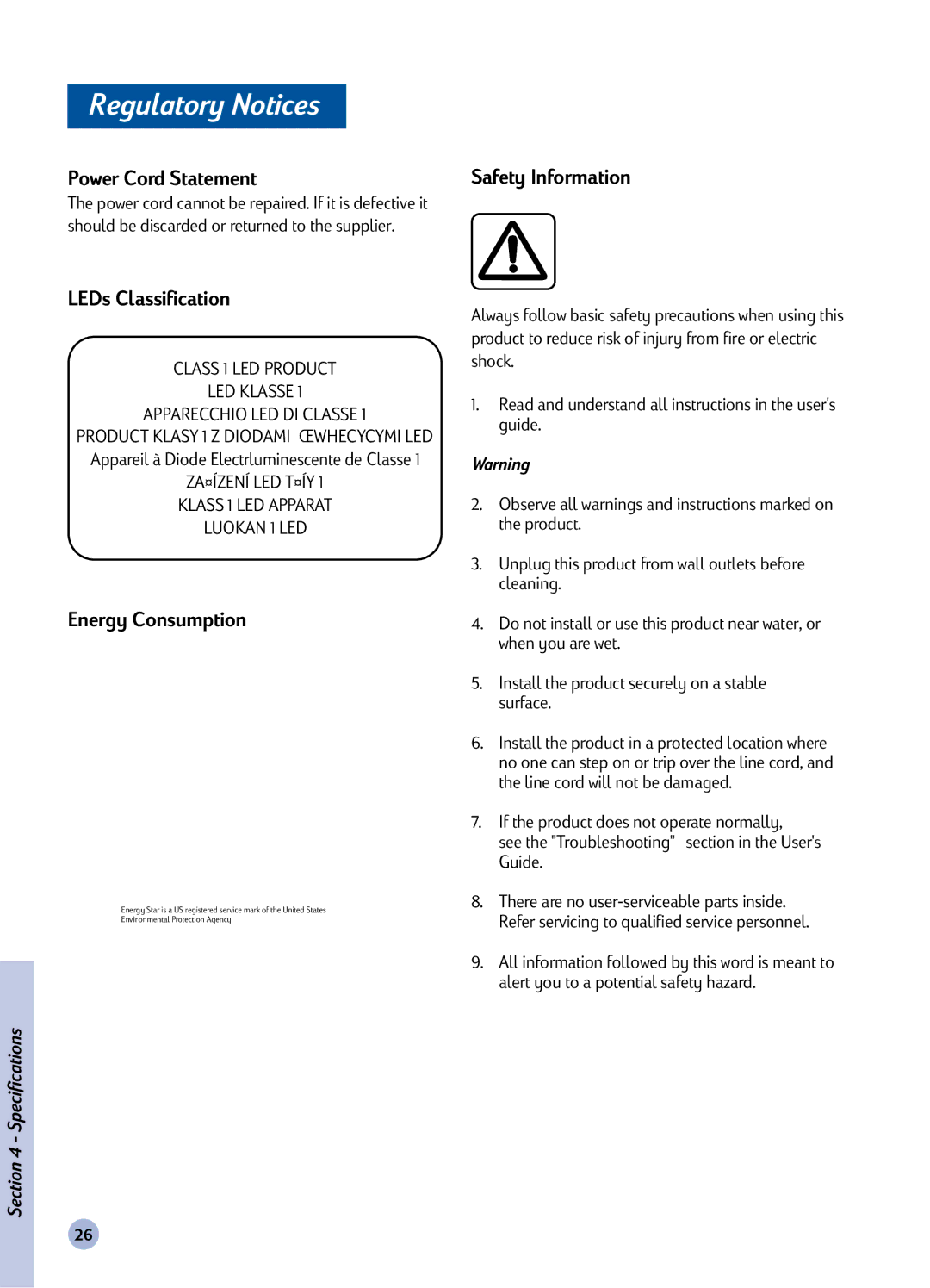 HP 1120C manual Regulatory Notices, Power Cord Statement 