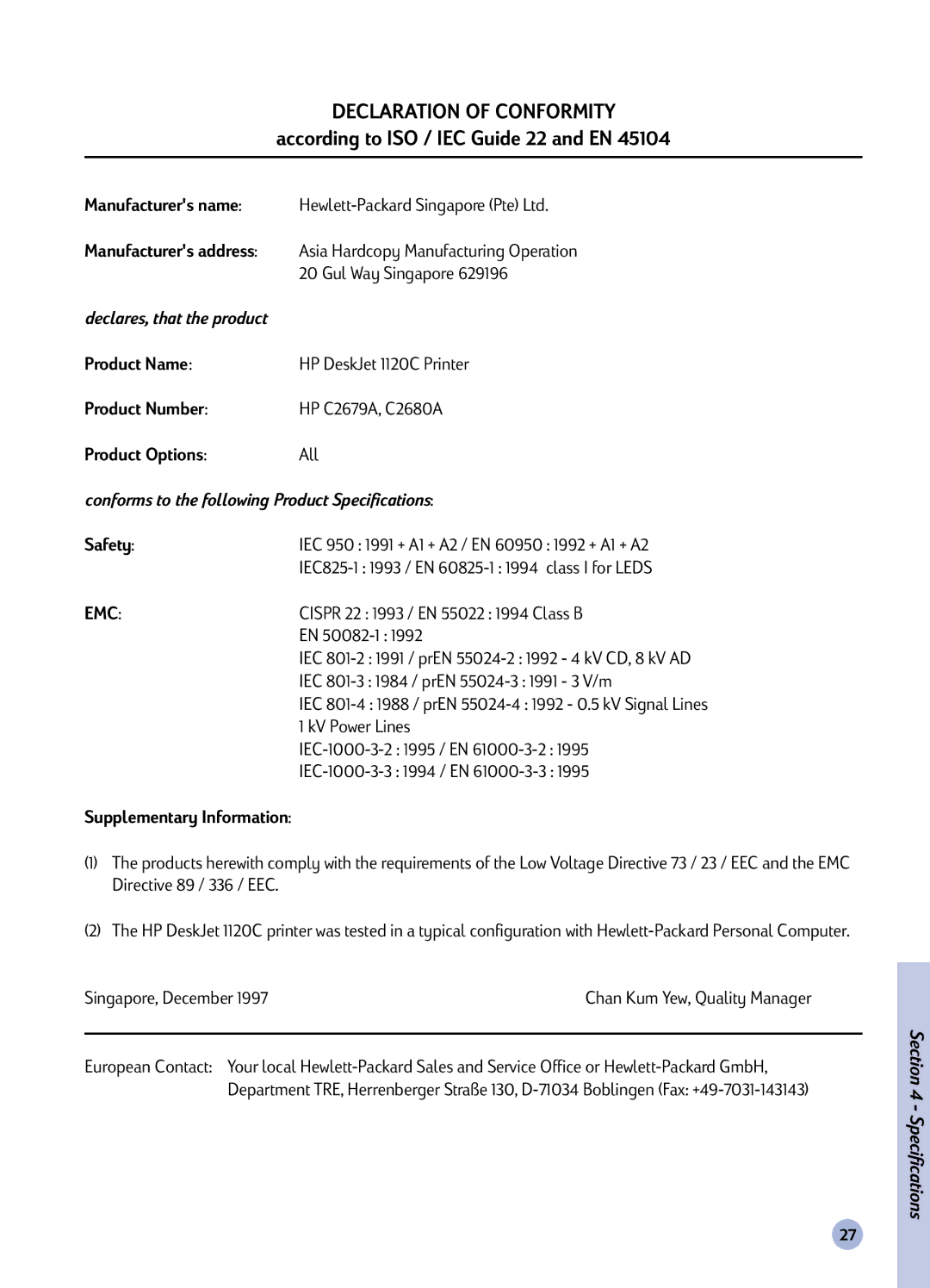 HP 1120C manual Manufacturers name, Product Name, Product Number, Product Options, Safety, Supplementary Information 