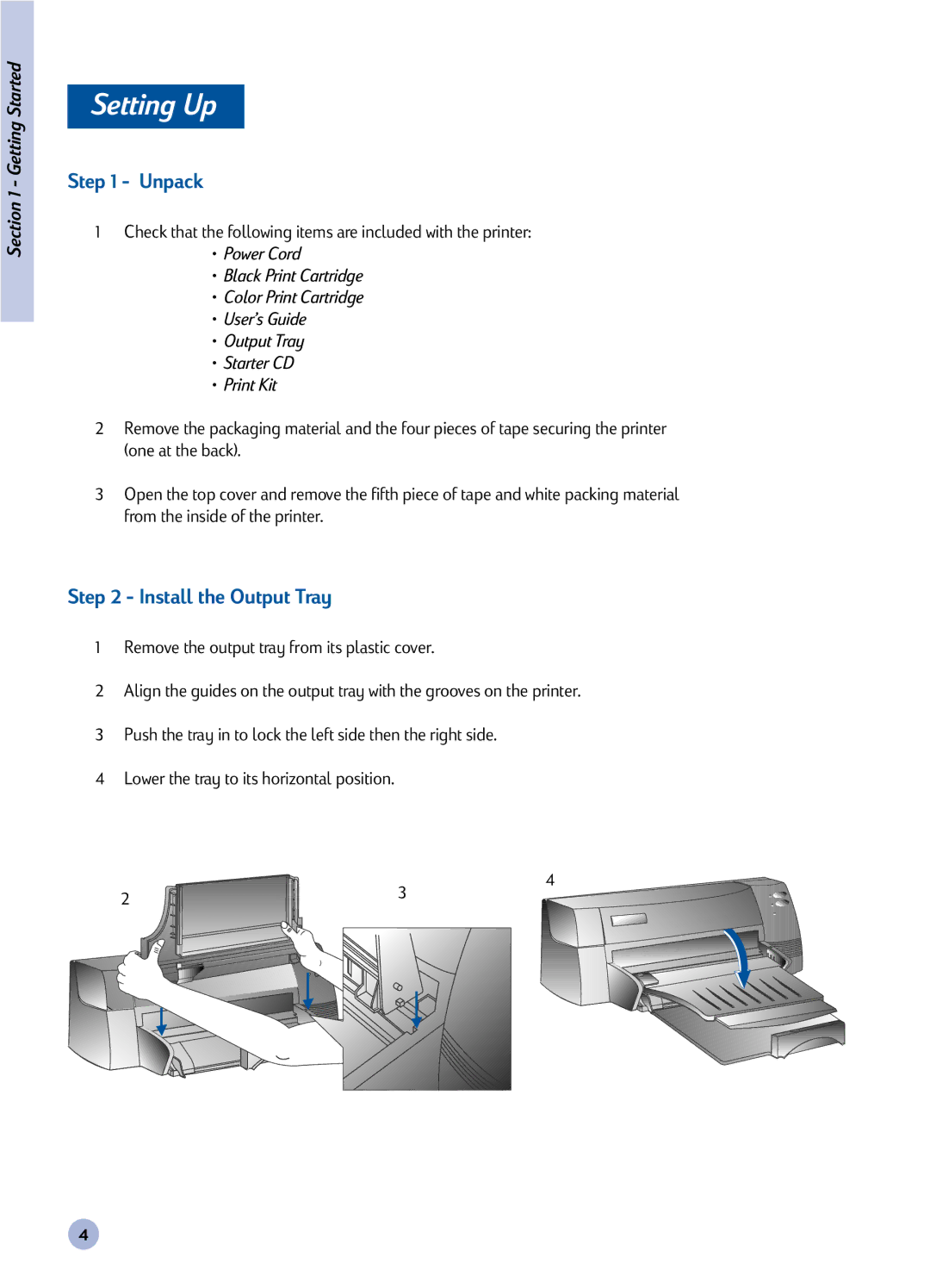 HP 1120C manual Setting Up, Unpack, Install the Output Tray 