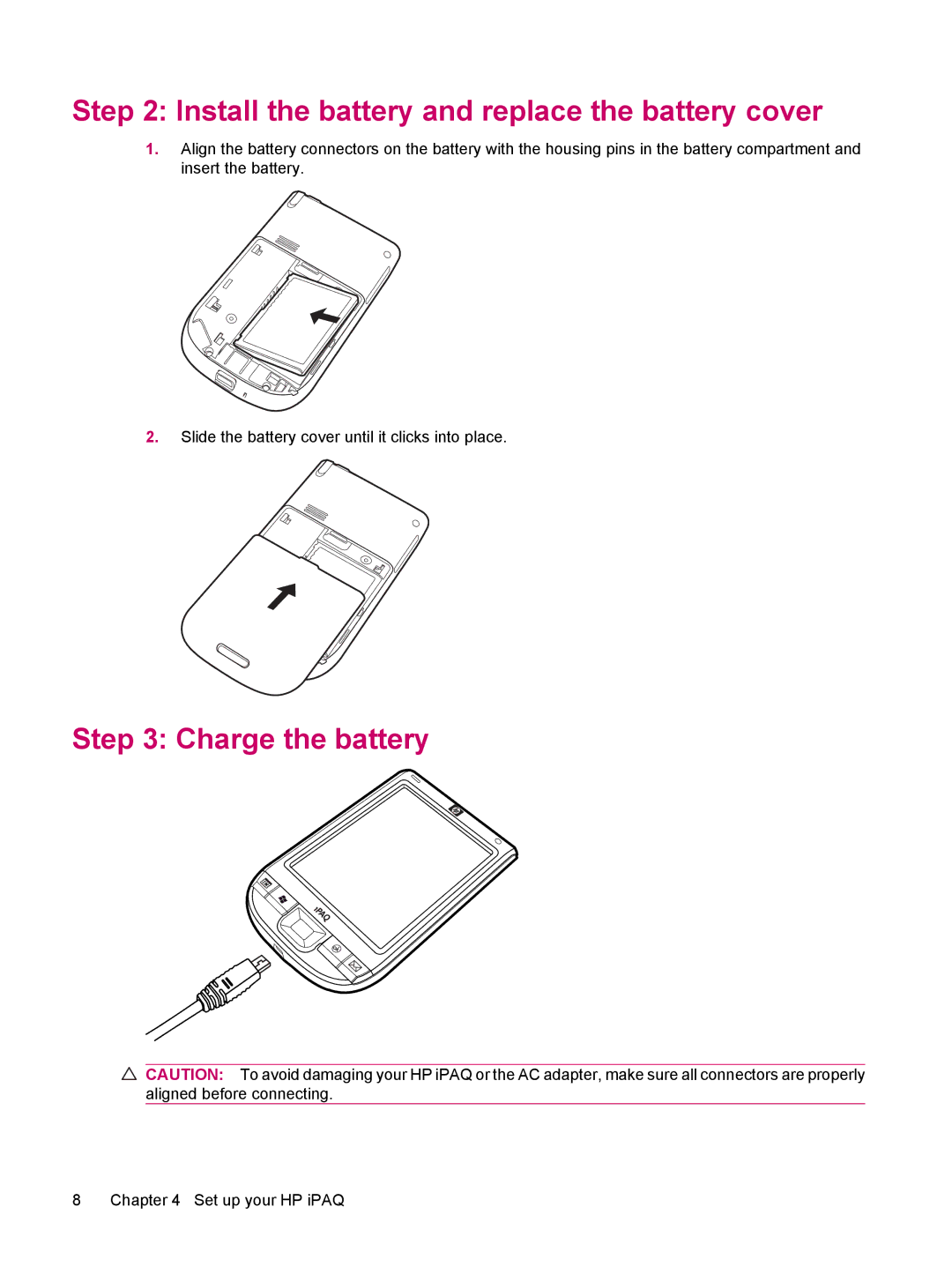 HP 114 Classic Handheld manual Install the battery and replace the battery cover, Charge the battery 