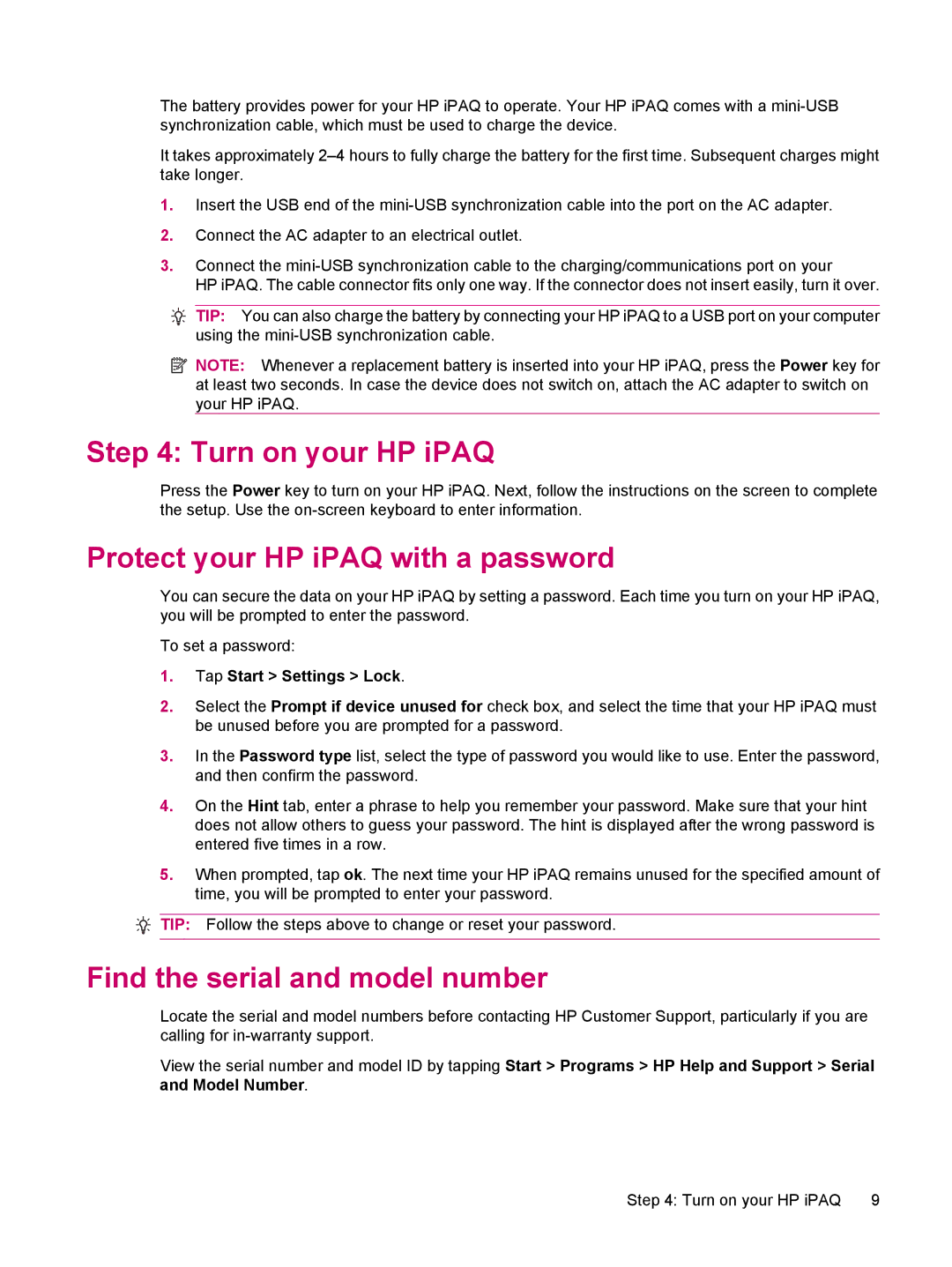HP 114 Classic Handheld manual Turn on your HP iPAQ, Protect your HP iPAQ with a password, Find the serial and model number 