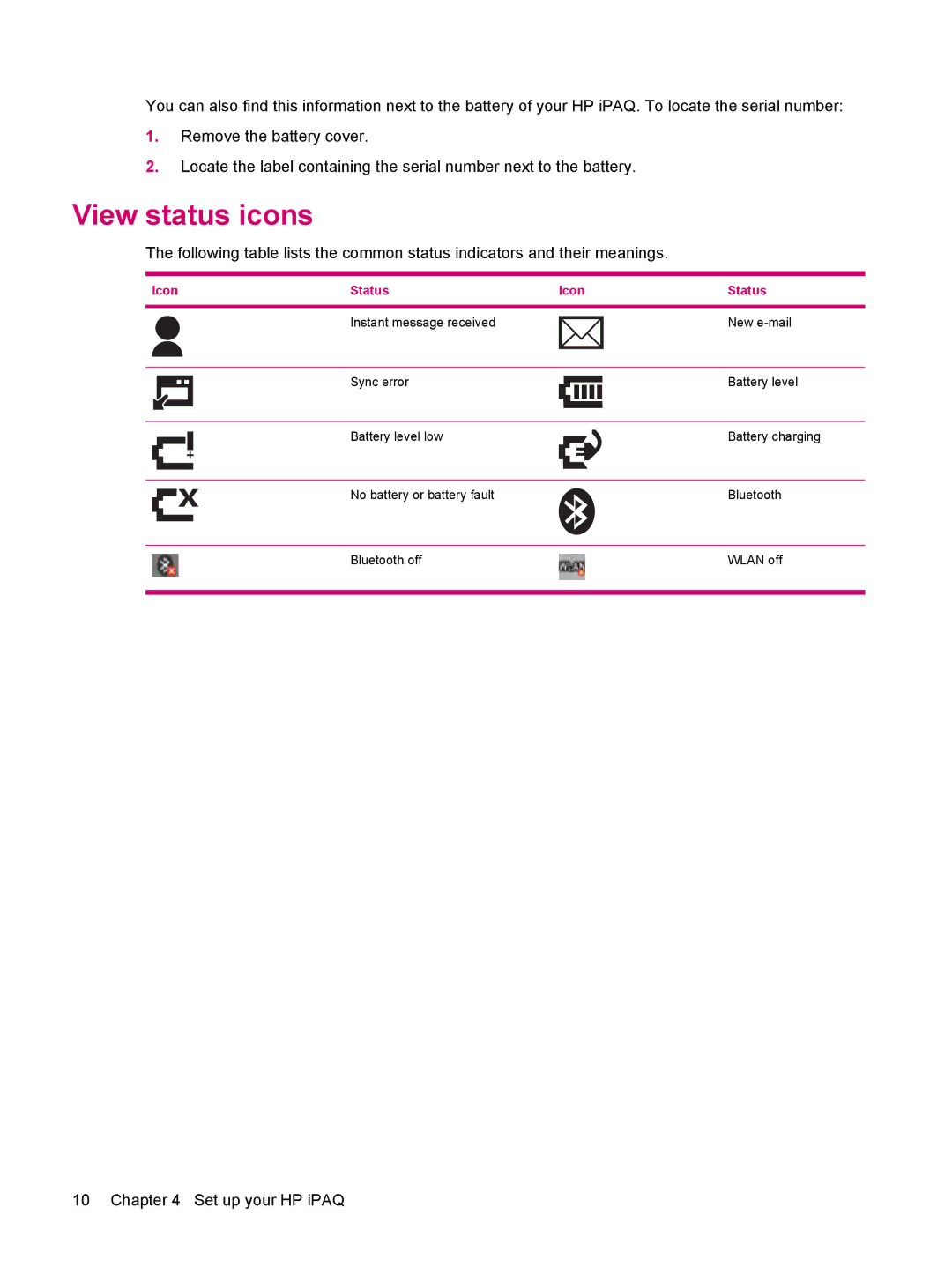 HP 114 Classic Handheld manual View status icons, Icon Status 