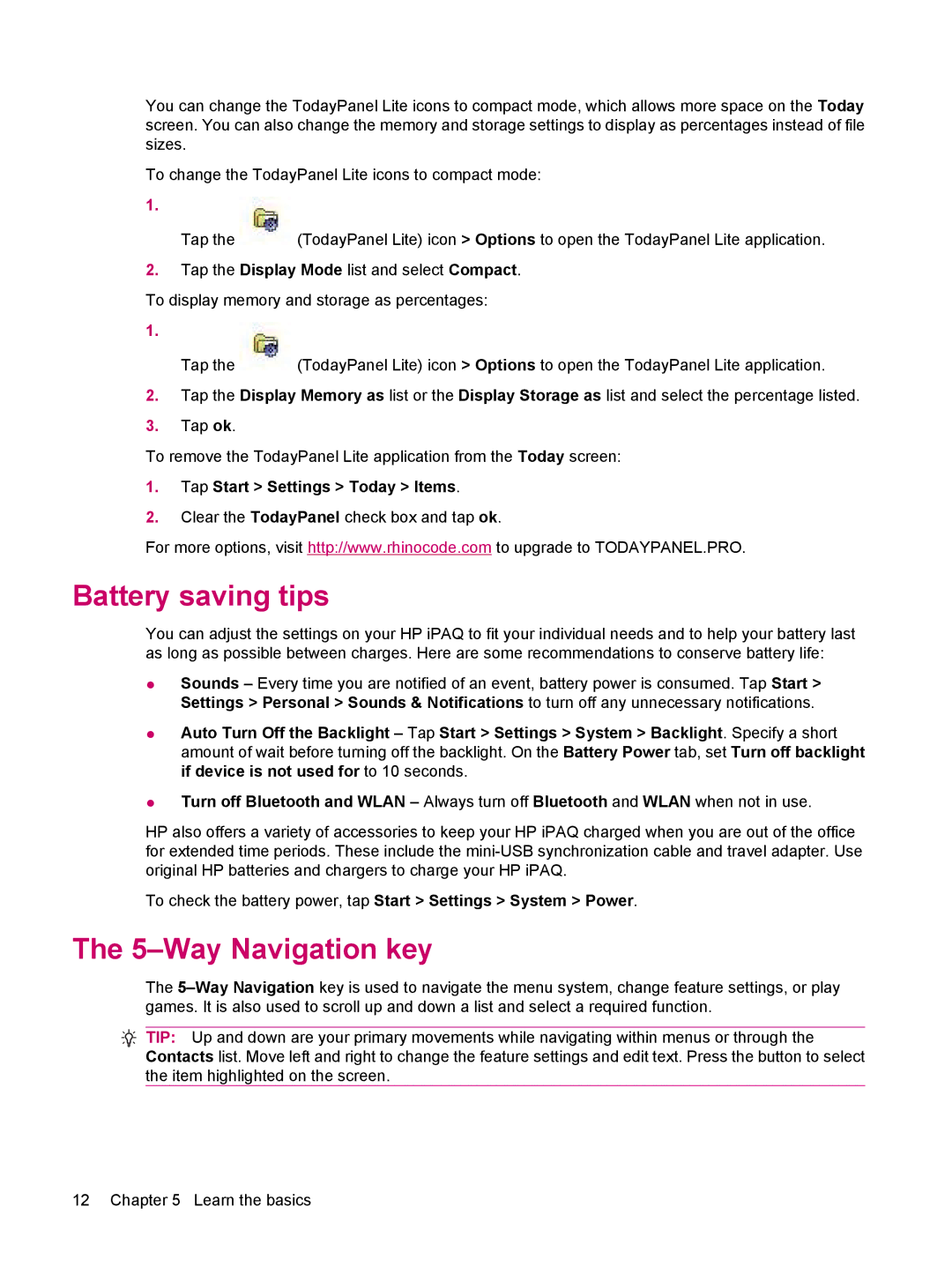 HP 114 Classic Handheld manual Battery saving tips, Way Navigation key, Tap Start Settings Today Items 