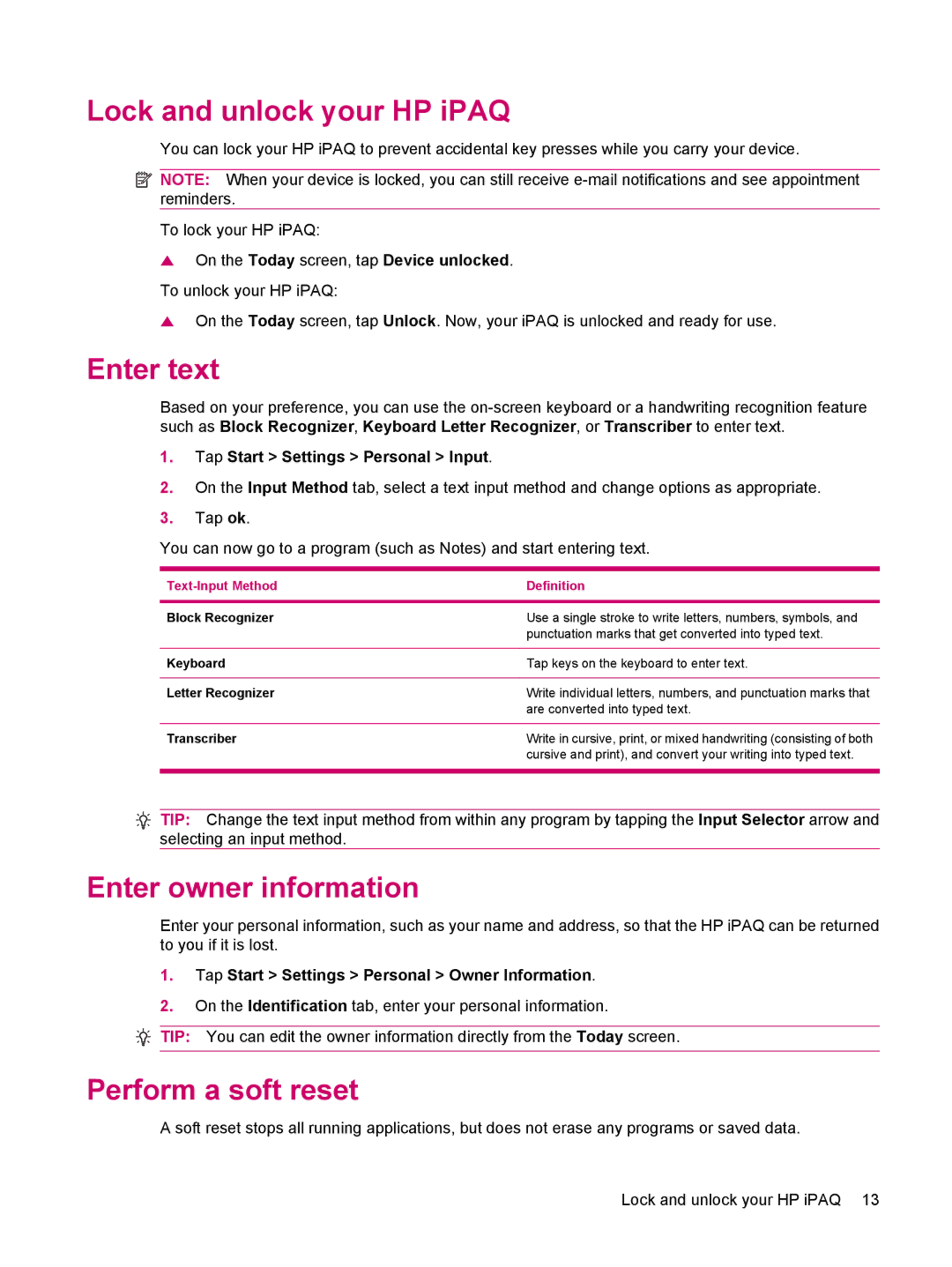 HP 114 Classic Handheld manual Lock and unlock your HP iPAQ, Enter text, Enter owner information, Perform a soft reset 