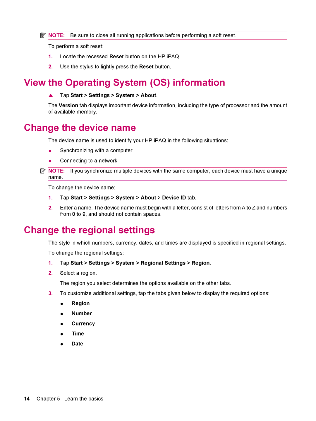 HP 114 Classic Handheld View the Operating System OS information, Change the device name, Change the regional settings 