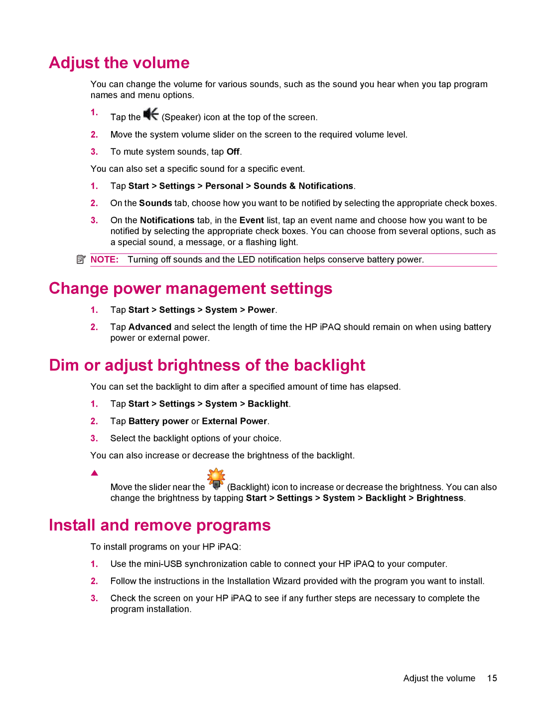 HP 114 Classic Handheld Adjust the volume, Change power management settings, Dim or adjust brightness of the backlight 