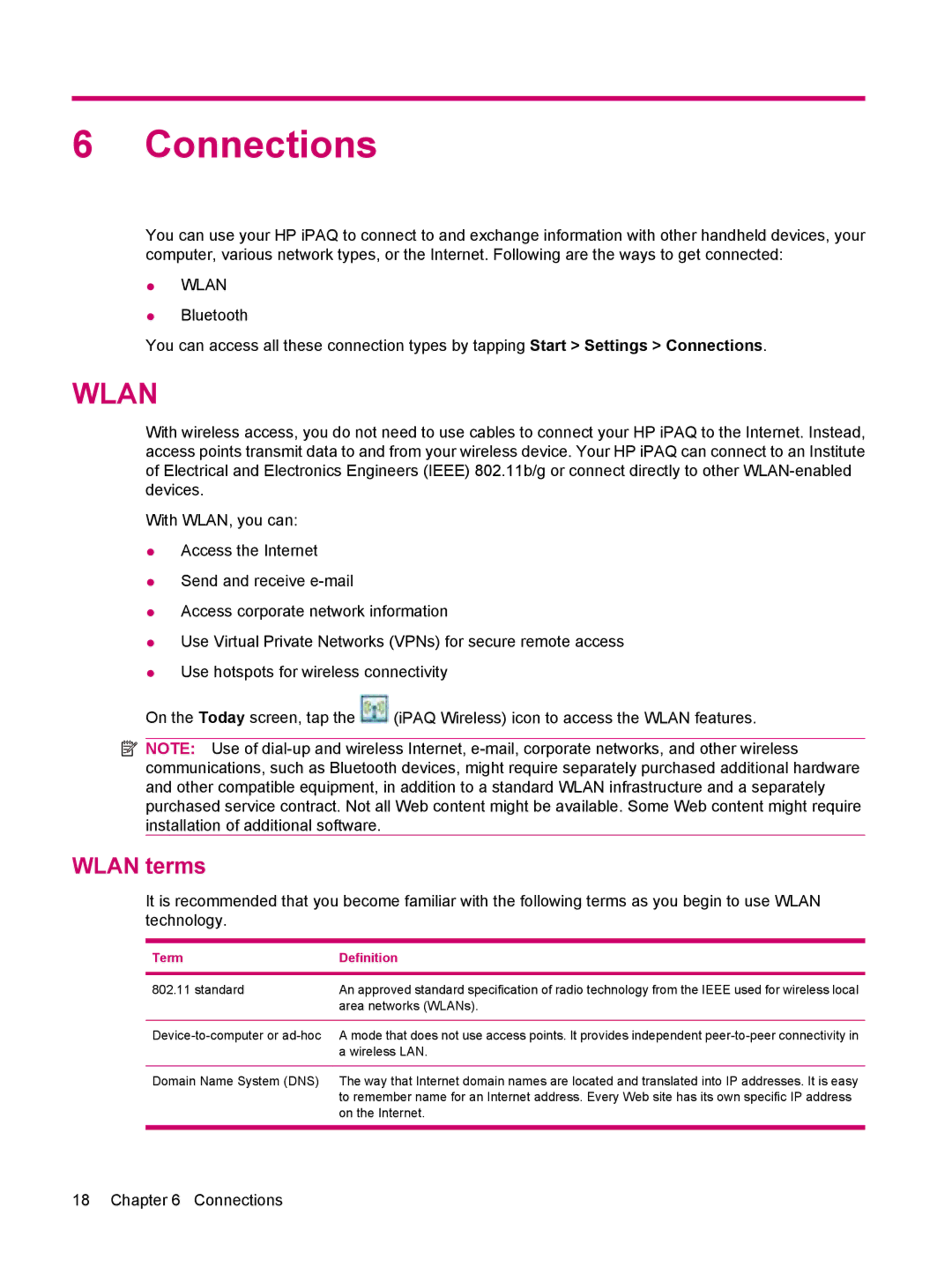 HP 114 Classic Handheld manual Connections, Wlan terms 