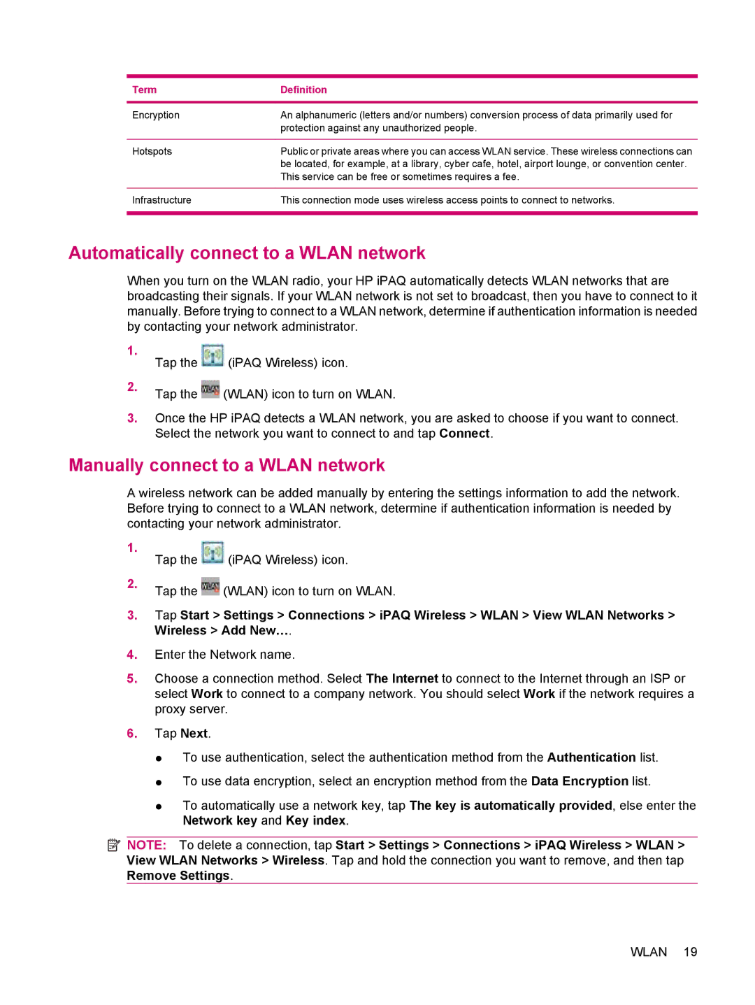 HP 114 Classic Handheld manual Automatically connect to a Wlan network, Manually connect to a Wlan network 