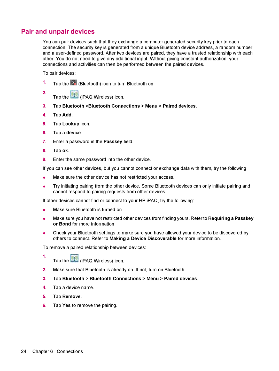 HP 114 Classic Handheld manual Pair and unpair devices, Tap Bluetooth Bluetooth Connections Menu Paired devices, Tap Remove 