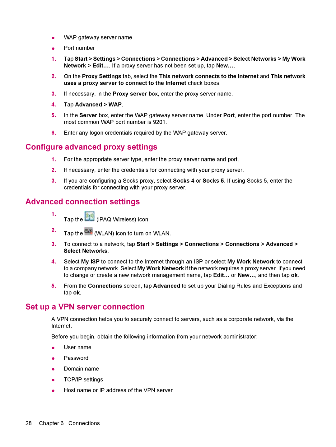 HP 114 Classic Handheld Configure advanced proxy settings, Advanced connection settings, Set up a VPN server connection 