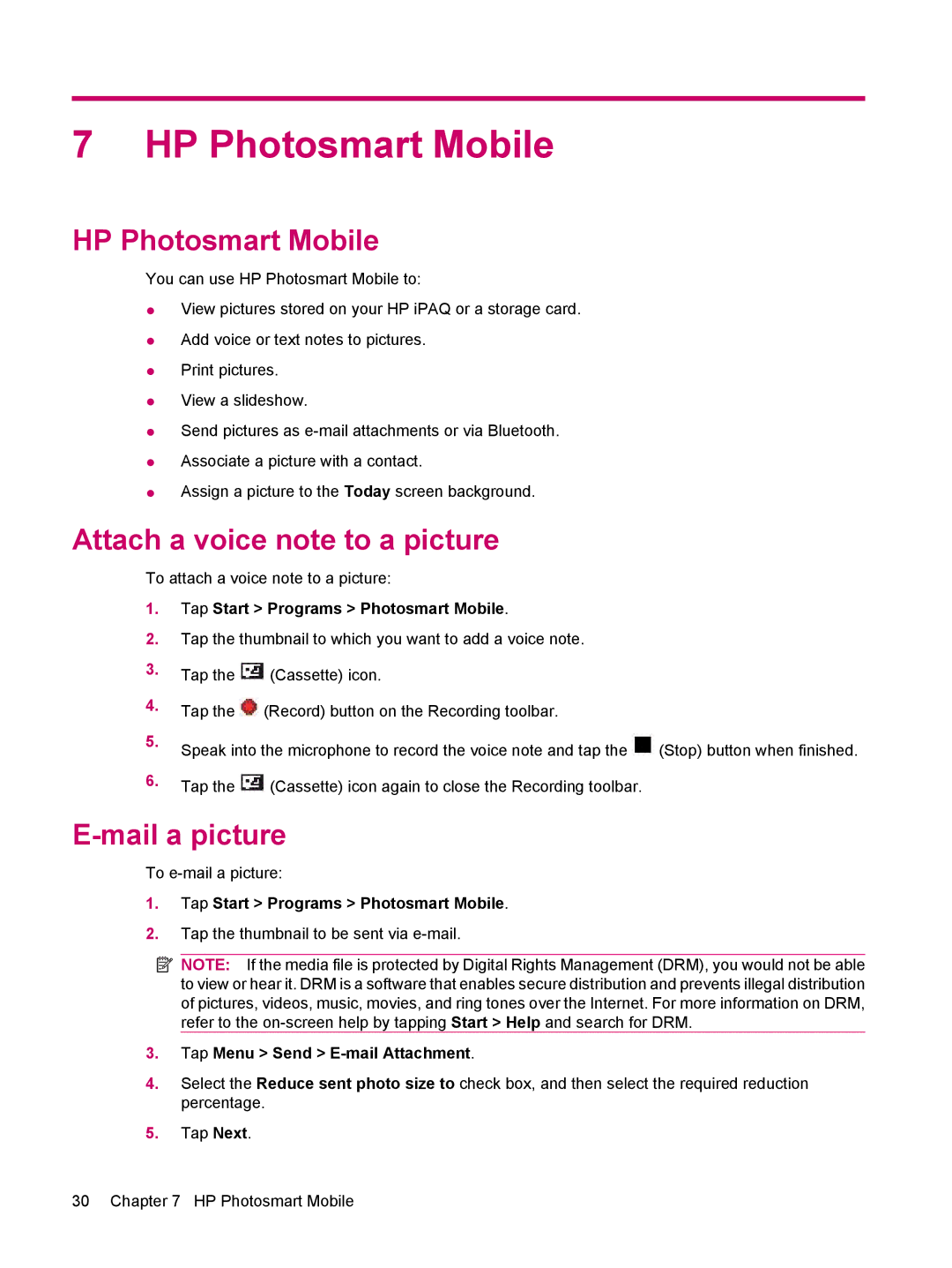 HP 114 Classic Handheld manual HP Photosmart Mobile, Attach a voice note to a picture, Mail a picture 