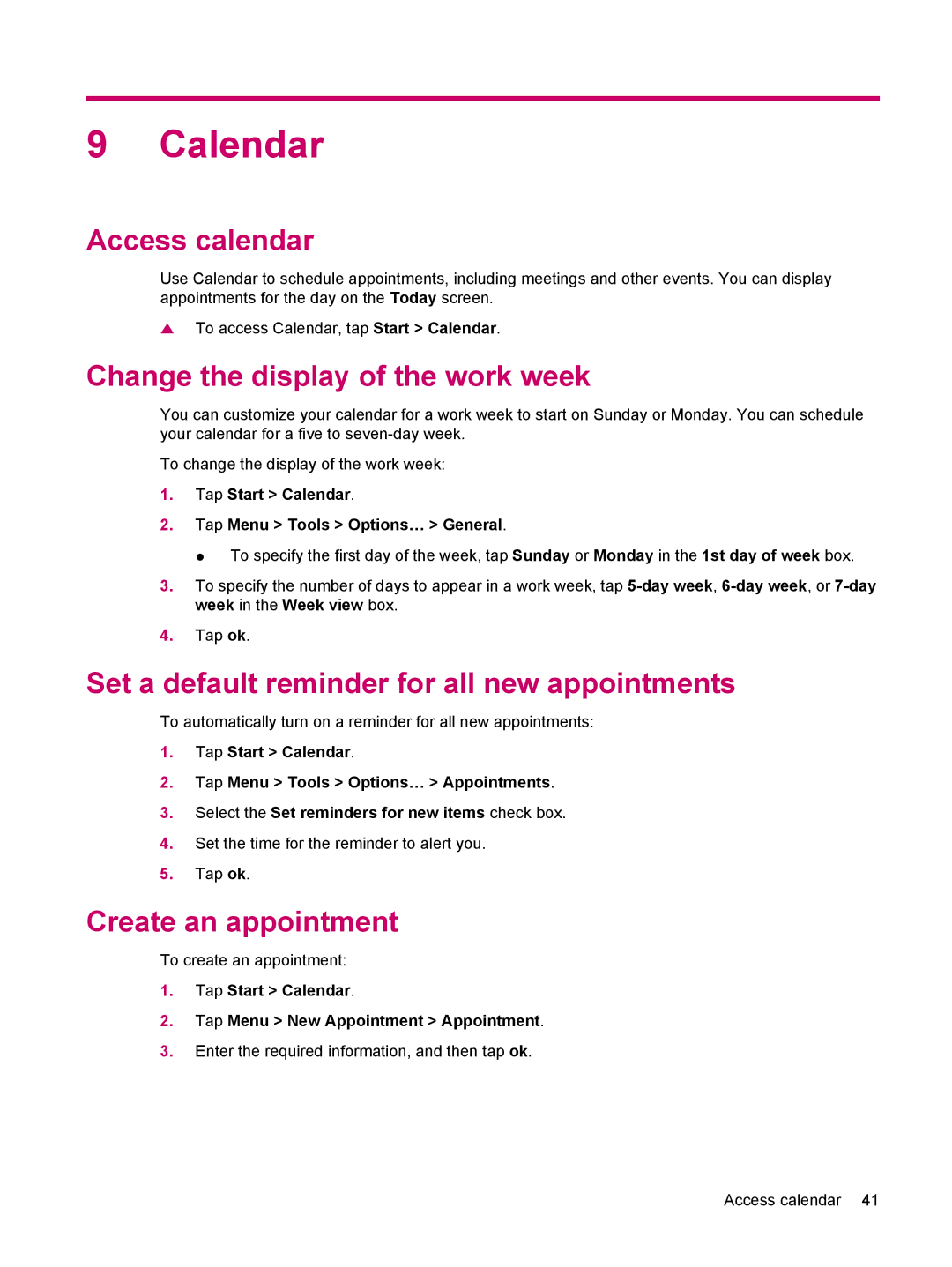 HP 114 Classic Handheld manual Calendar, Access calendar, Change the display of the work week, Create an appointment 