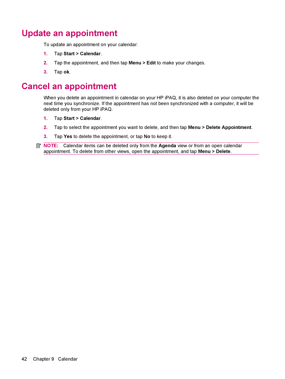 HP 114 Classic Handheld manual Update an appointment, Cancel an appointment, Tap Start Calendar 