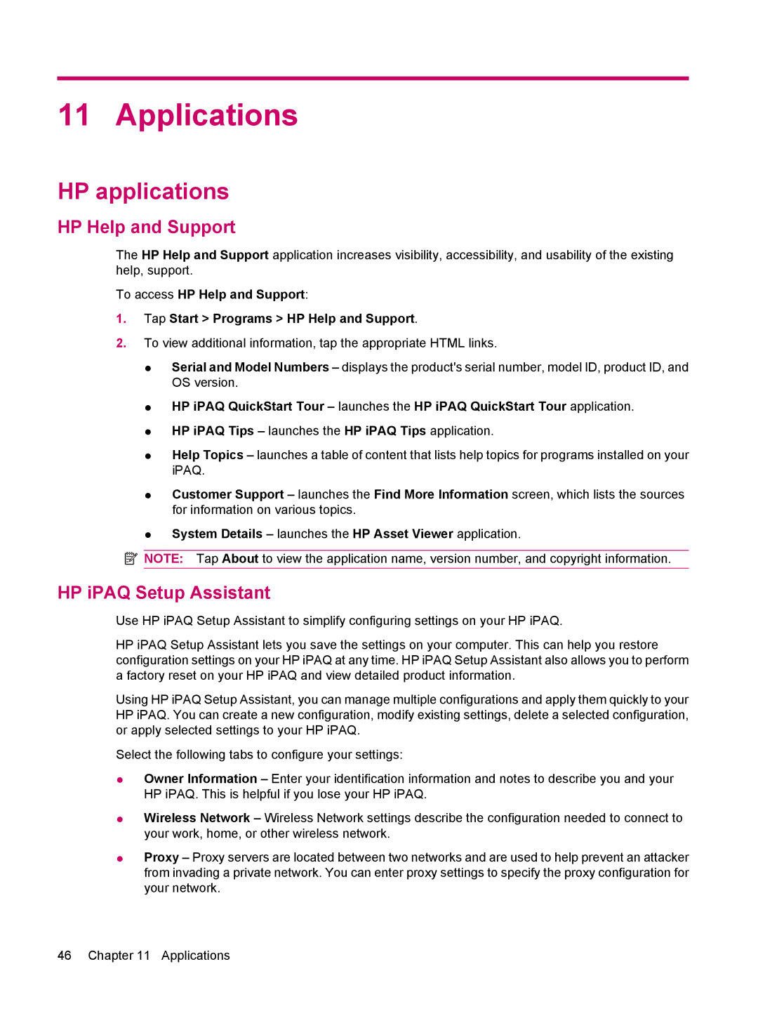 HP 114 Classic Handheld manual Applications, HP applications, HP Help and Support, HP iPAQ Setup Assistant 