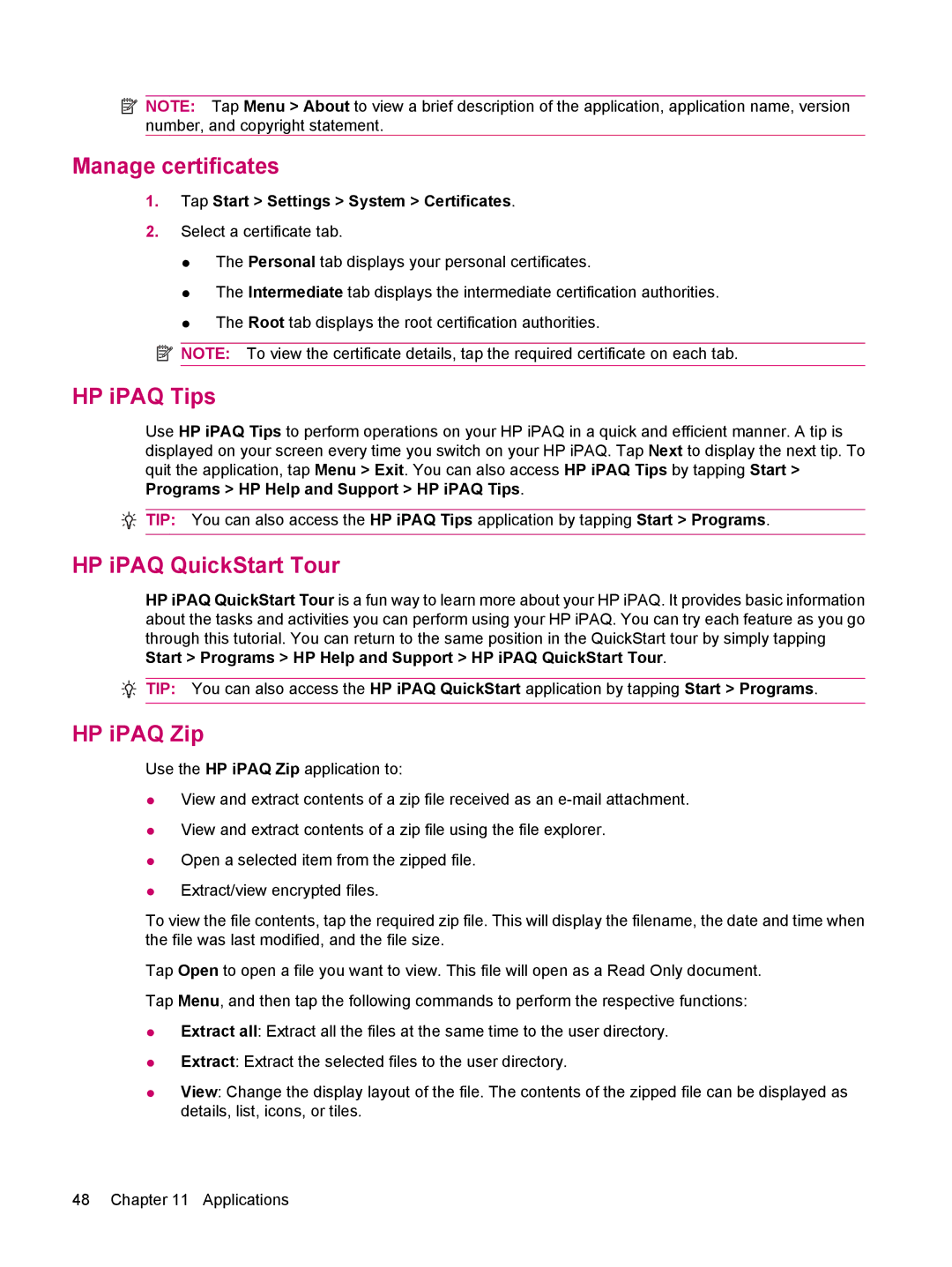 HP 114 Classic Handheld manual Manage certificates, HP iPAQ Tips, HP iPAQ QuickStart Tour, HP iPAQ Zip 